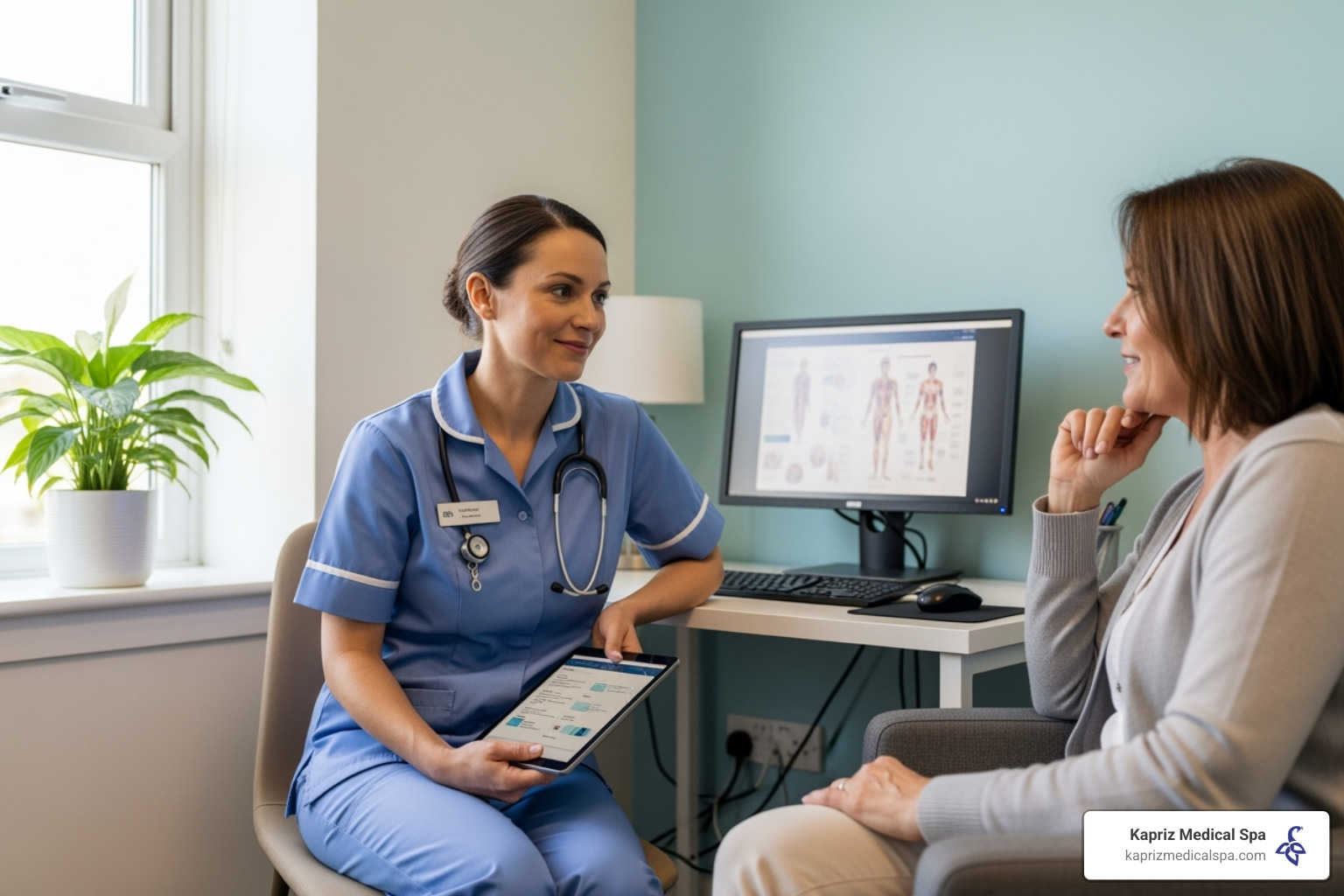 qualified nurse consulting with a patient in a calm setting - iv infusion bar qualified nurse consulting with a patient in a calm setting - iv infusion bar