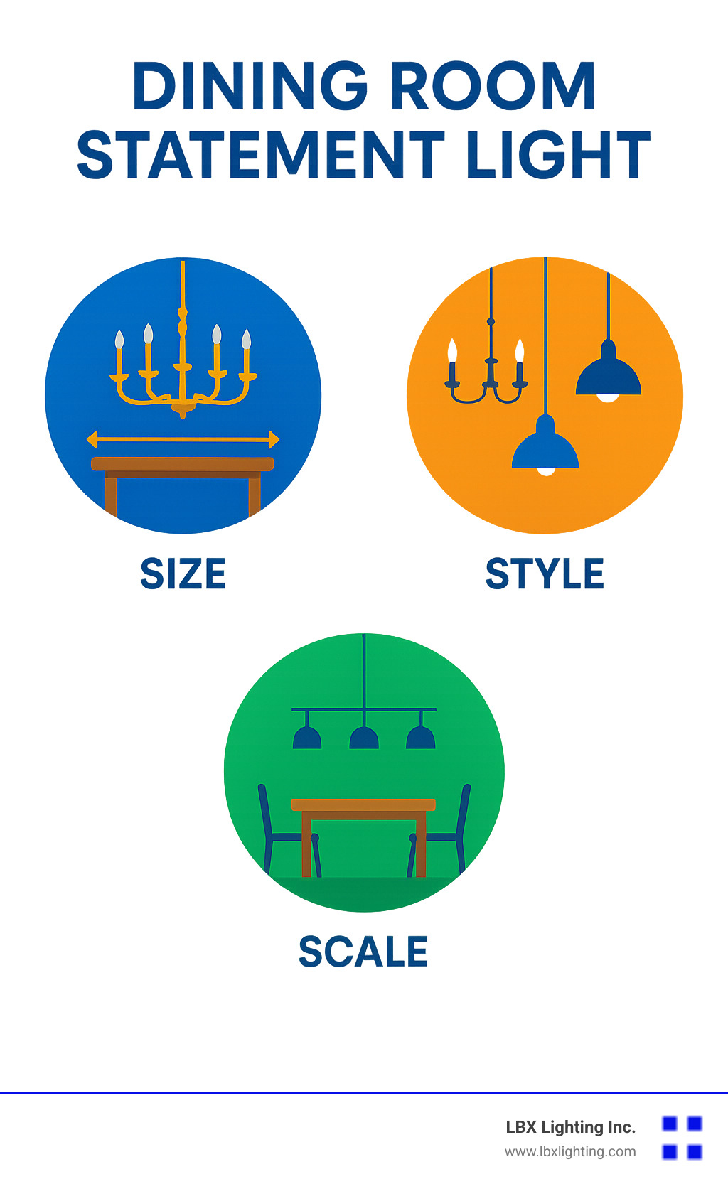 Infographic showing the three key elements of choosing a dining room statement light: Size (30-35 inches above table, 1/2 to 2/3 table width), Style (chandeliers for elegance, pendants for modern appeal, linear suspension for rectangular tables), and Scale (room size determines fixture grandness, ceiling height affects hanging options) - dining room statement light infographic 