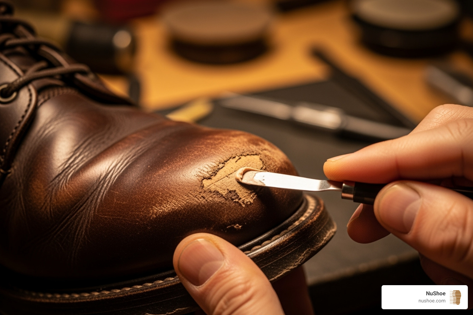 of a deep scuff on a leather boot being repaired - renew shoe cleaner