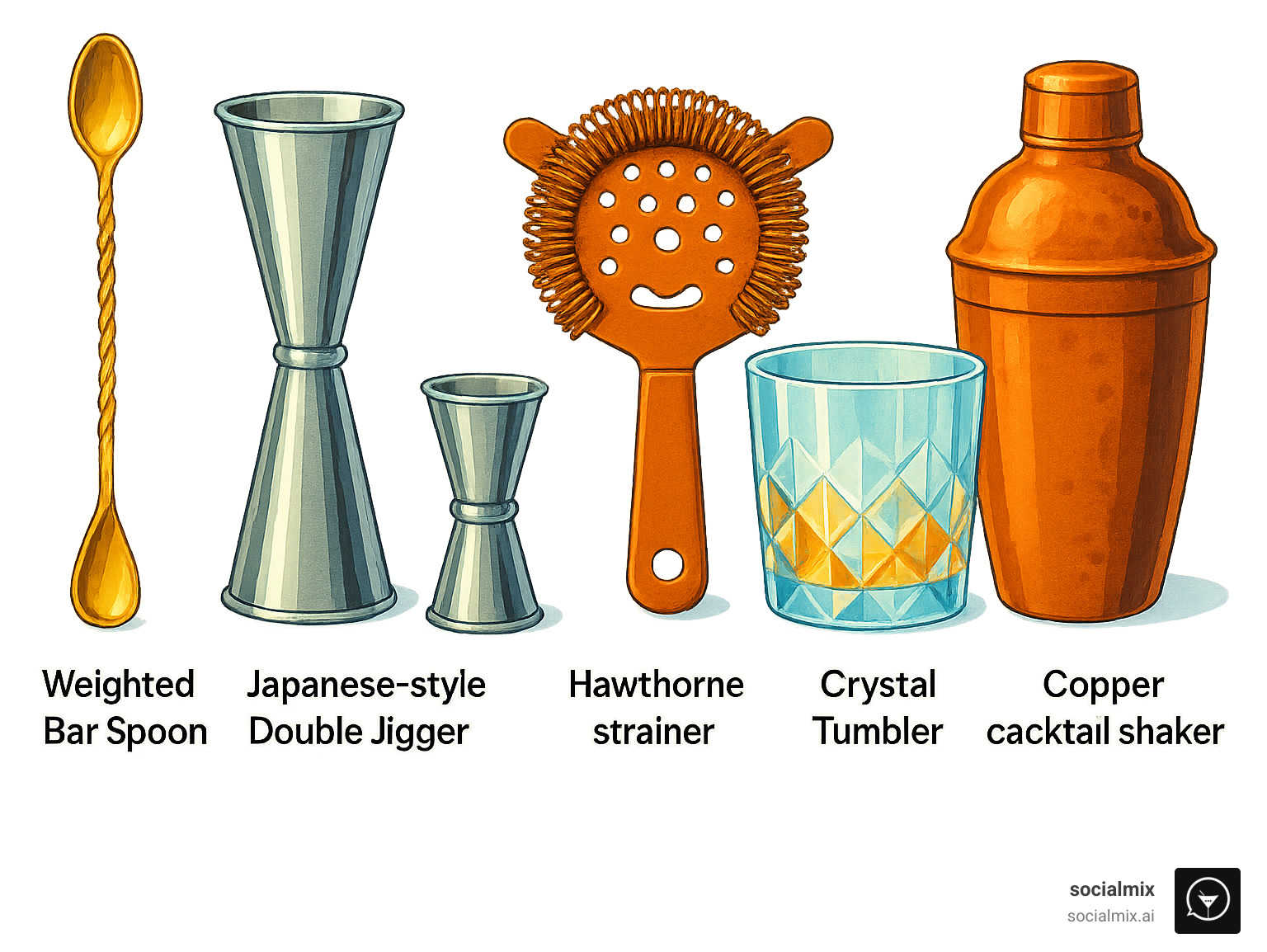 Infographic showing the anatomy of classy bar accessories with labeled components including weighted bar spoon with twisted handle, Japanese-style double jigger with precise measurements, Hawthorne strainer with spring coil, crystal tumbler with light refraction properties, and copper cocktail shaker with natural patina finish - classy bar accessories infographic 