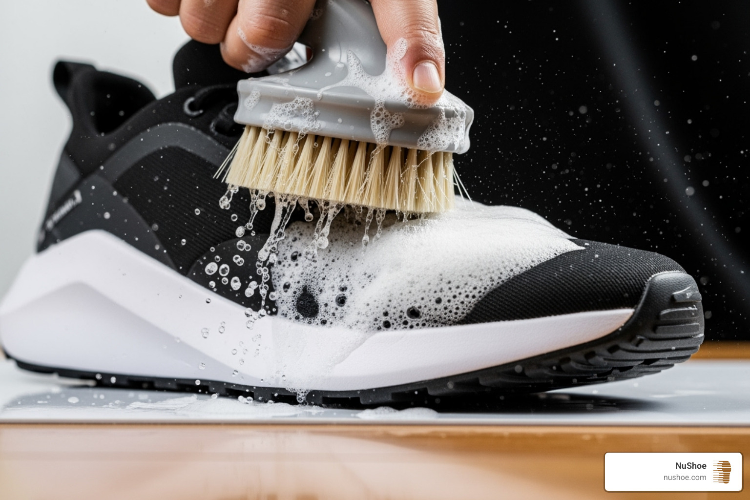 of a modern sneaker being cleaned with a brush and foaming cleaner - renew shoe cleaner