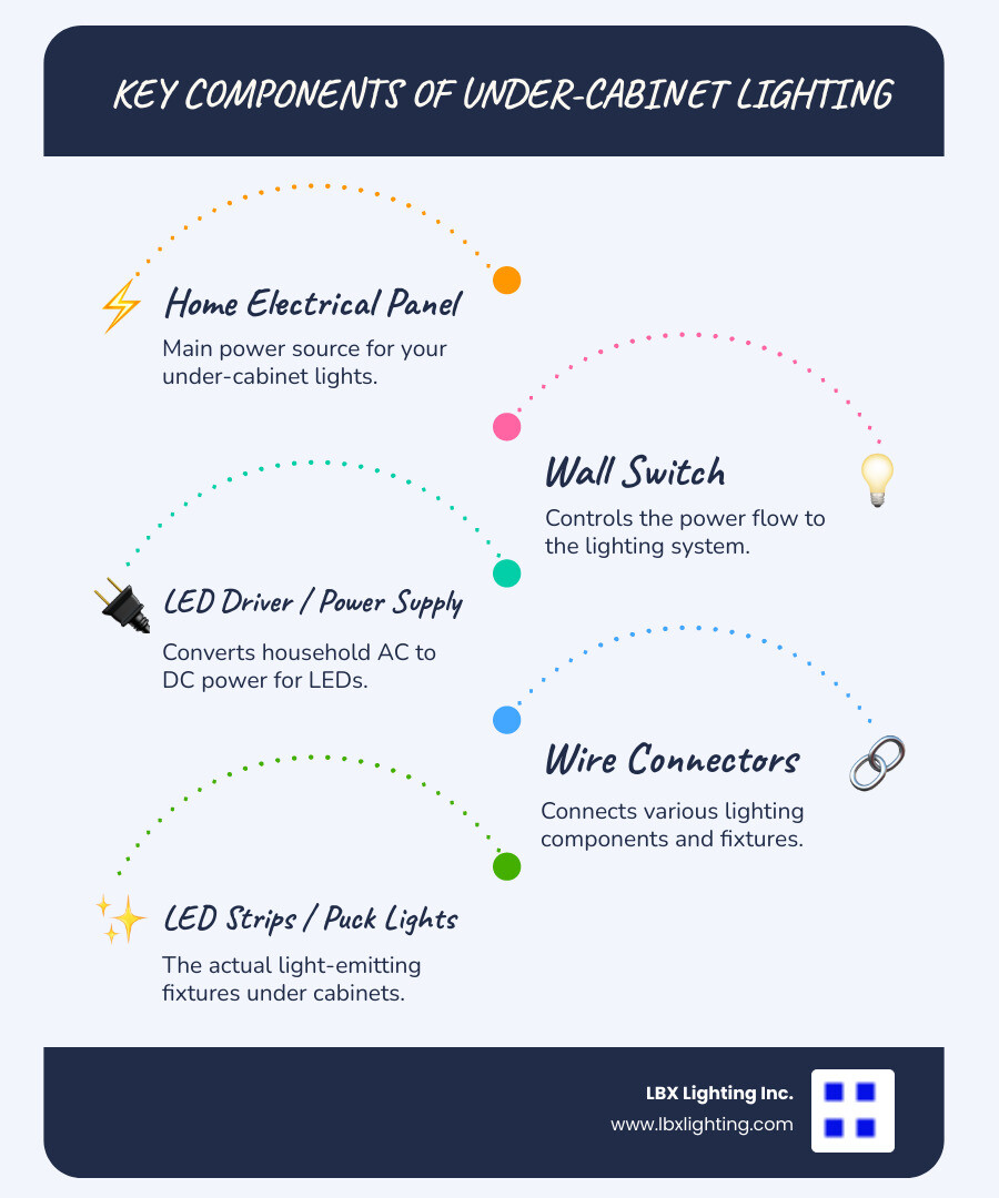 Infographic showing the basic components of an under-cabinet lighting system including LED strip or puck lights connected to an LED driver/power supply, with wire connectors linking multiple fixtures, all controlled by a wall switch and powered from the home's electrical panel - under cabinet lighting repair infographic infographic-line-5-steps-blues-accent_colors Infographic showing the basic components of an under-cabinet lighting system including LED strip or puck lights connected to an LED driver/power supply, with wire connectors linking multiple fixtures, all controlled by a wall switch and powered from the home's electrical panel - under cabinet lighting repair infographic infographic-line-5-steps-blues-accent_colors