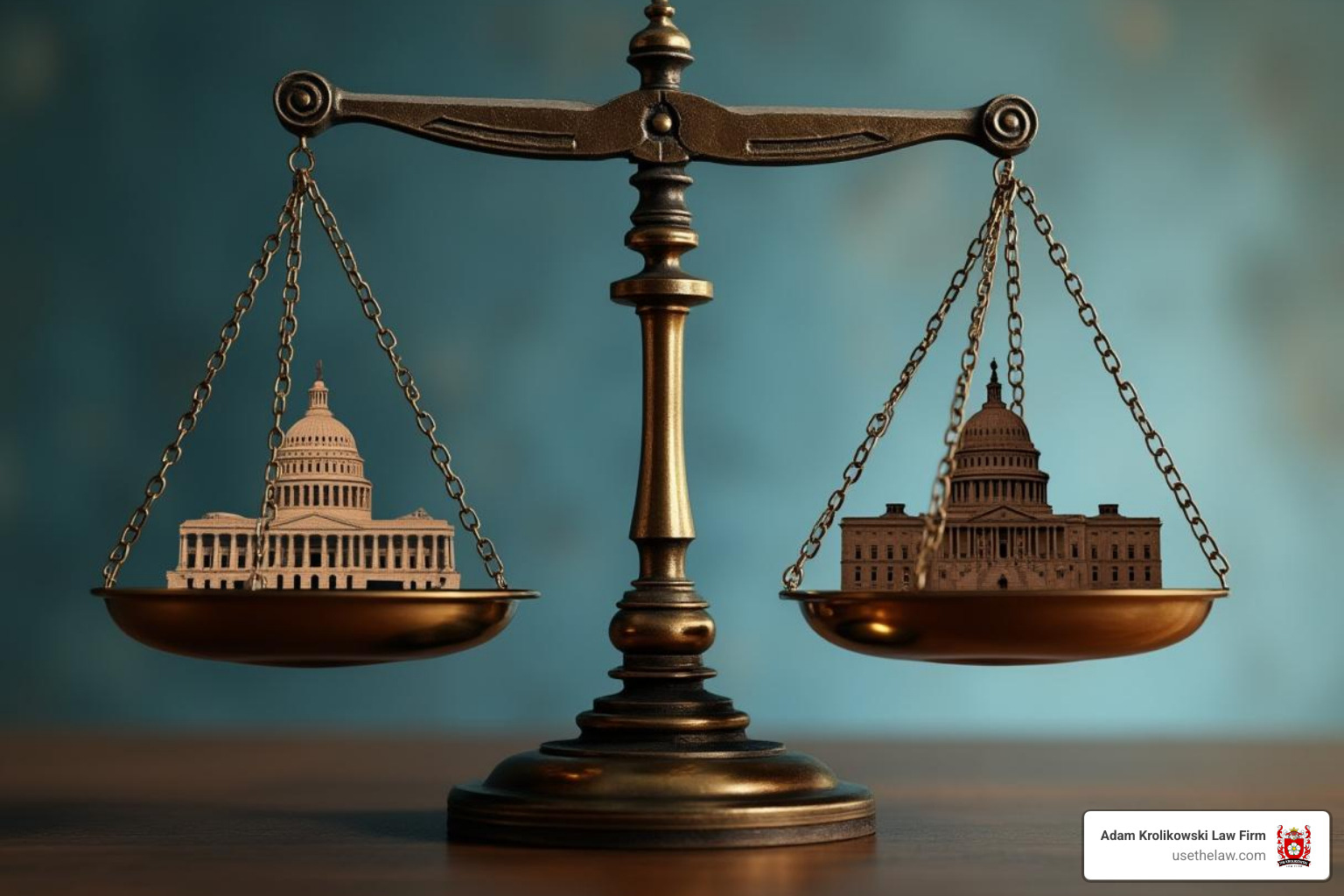 Image of a scale balancing state and federal law symbols - los angeles workplace sexual harassment lawyer