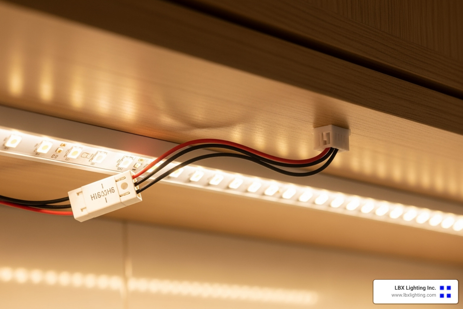 A close-up image of an under-cabinet LED strip with wires and connectors - under cabinet lighting repair A close-up image of an under-cabinet LED strip with wires and connectors - under cabinet lighting repair