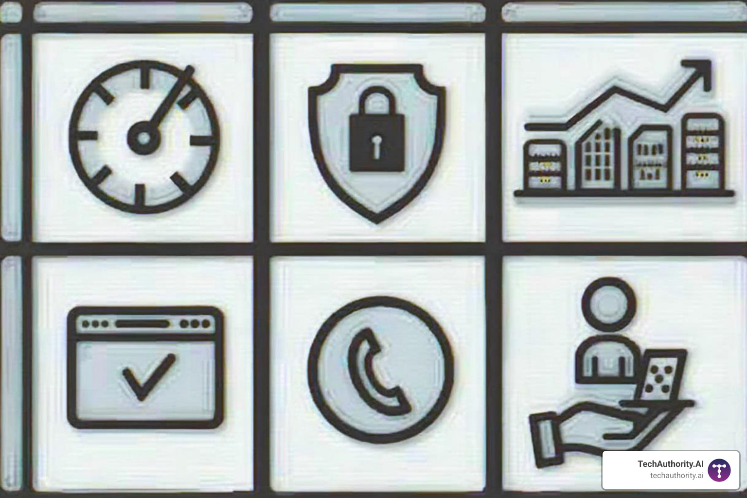 Five distinct icons representing speed, security, scalability, support, and ease of use, symbolizing the core benefits of managed WordPress cloud hosting. - Managed WordPress cloud hosting