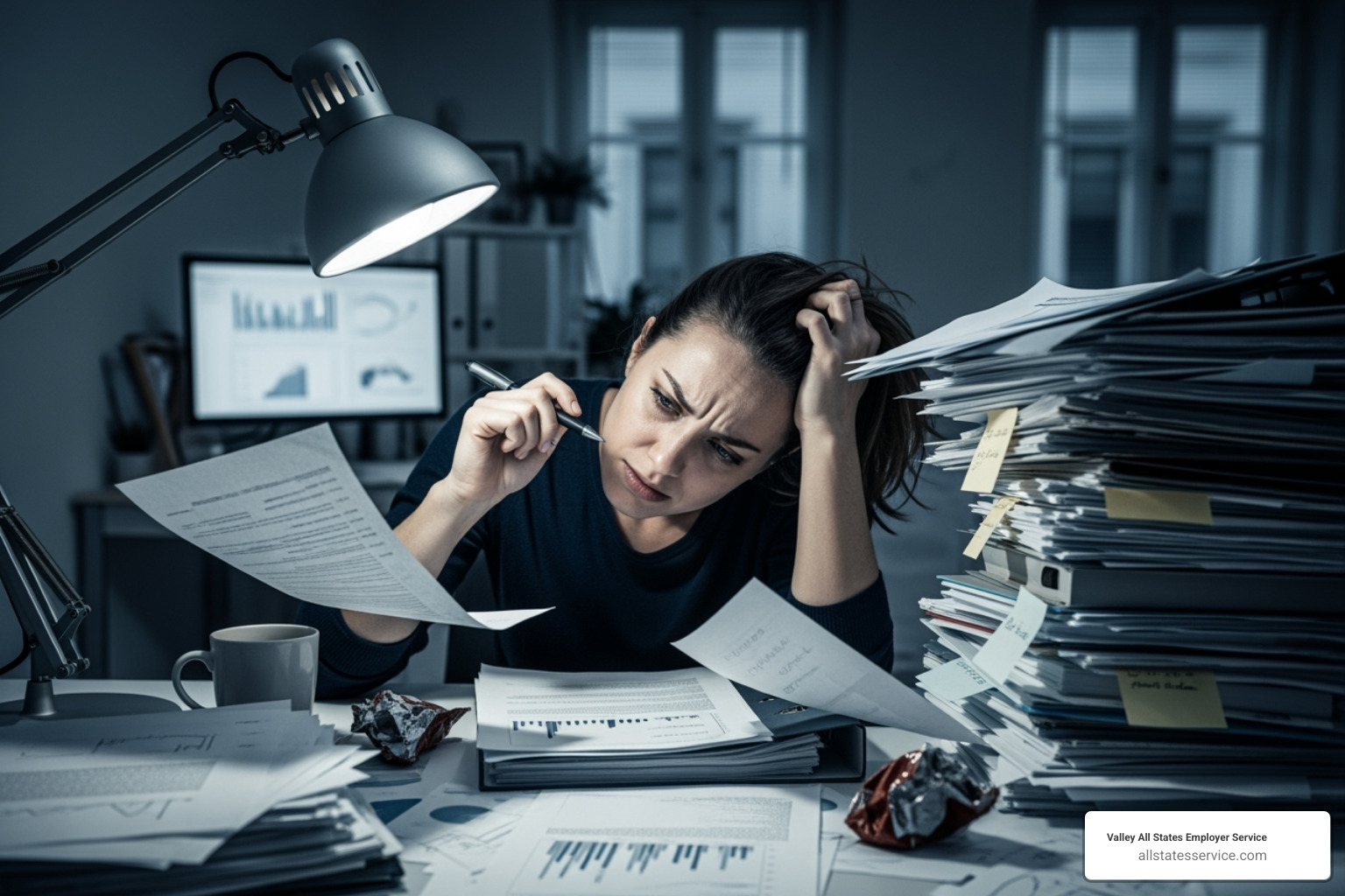 Image of a person looking stressed while reviewing a pile of paperwork - HR compliance for small business Image of a person looking stressed while reviewing a pile of paperwork - HR compliance for small business