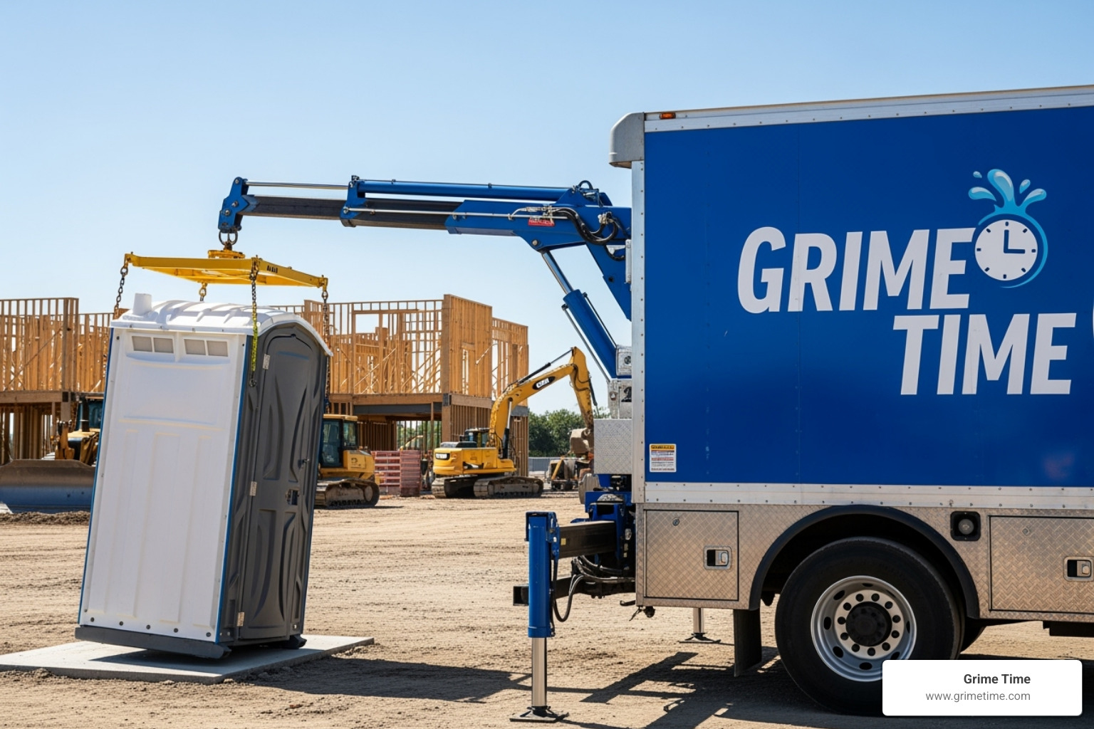 A Grime Time truck delivering a clean porta potty to a job site, emphasizing reliable and efficient service. - Affordable porta potty rental