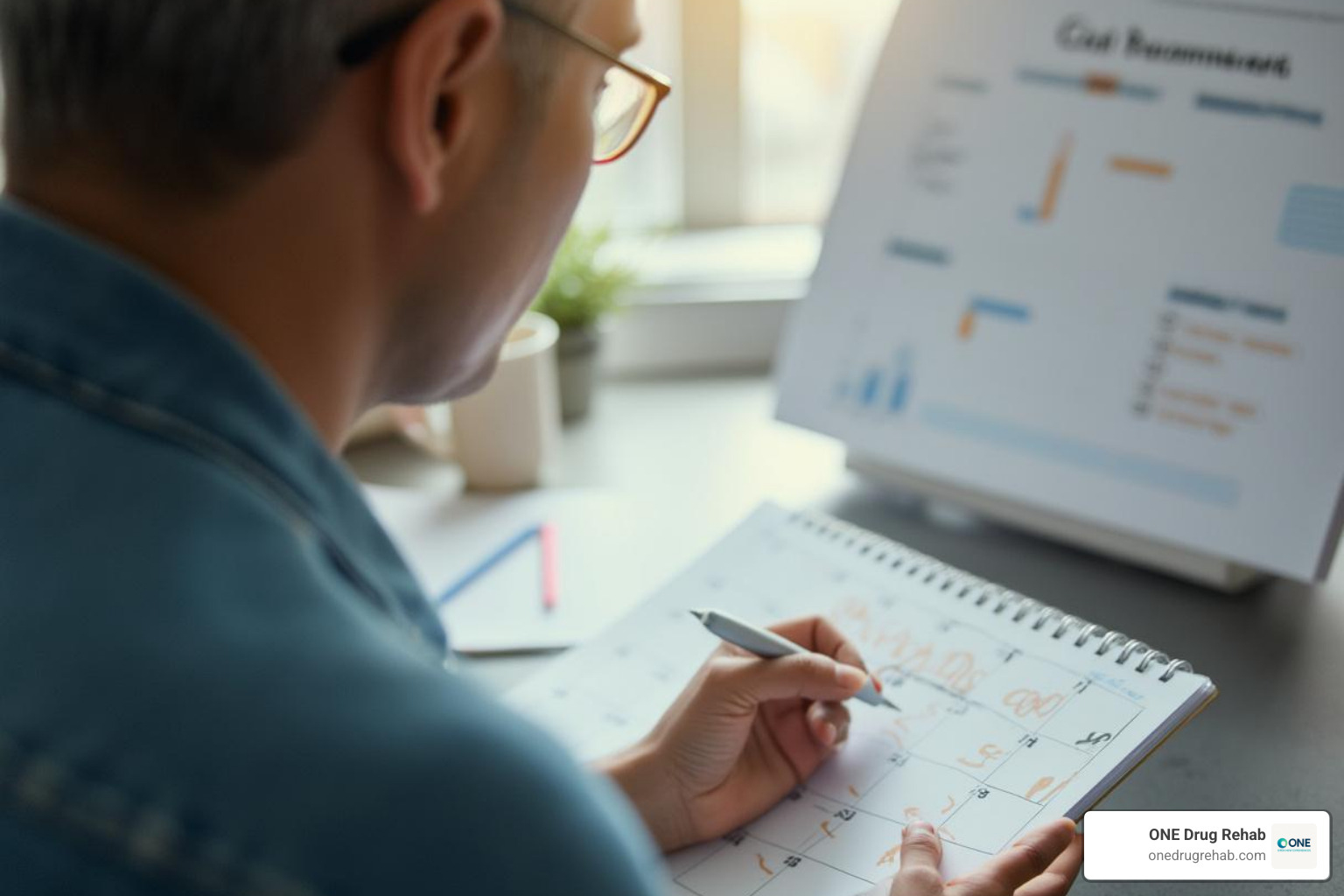 person looking at a calendar, symbolizing planning for treatment - inpatient rehab for drugs