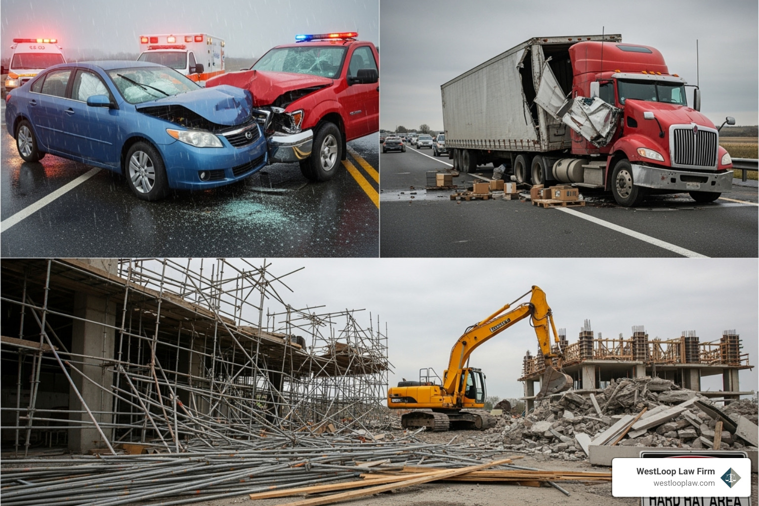 collage of accident types including a car crash, an 18-wheeler, and a construction site - injury lawyer in houston