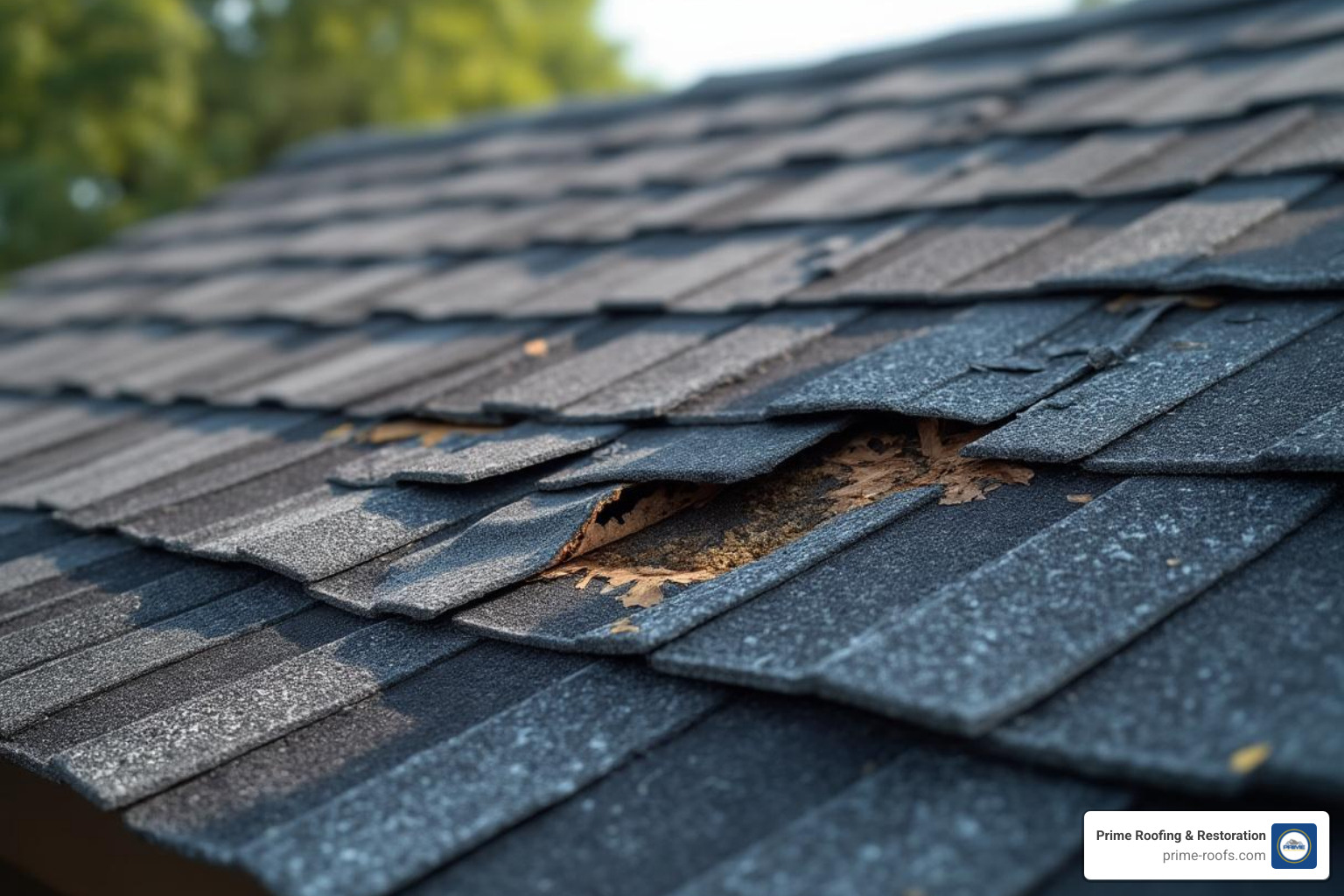 curling and missing asphalt shingles on a roof - roofer near me