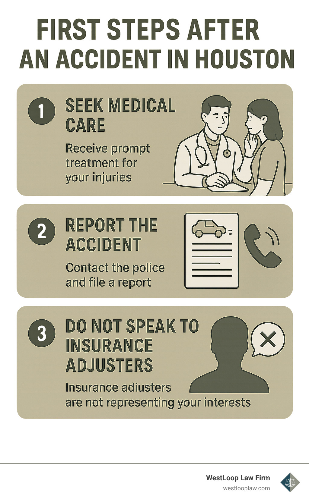 Infographic detailing the first 3 steps to take after an accident in Houston: Seek medical care, Report the accident, and Do not speak to insurance adjusters - injury lawyer in houston infographic 