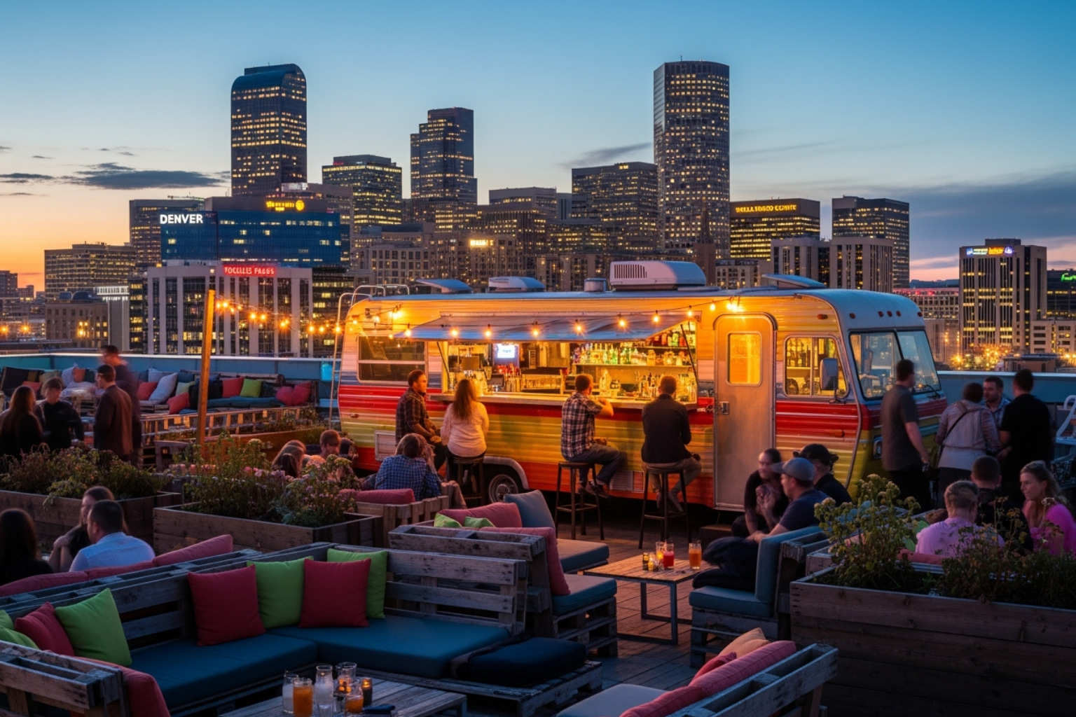 Linger's rooftop RV bar overlooking the Denver skyline - unique dining spots in denver