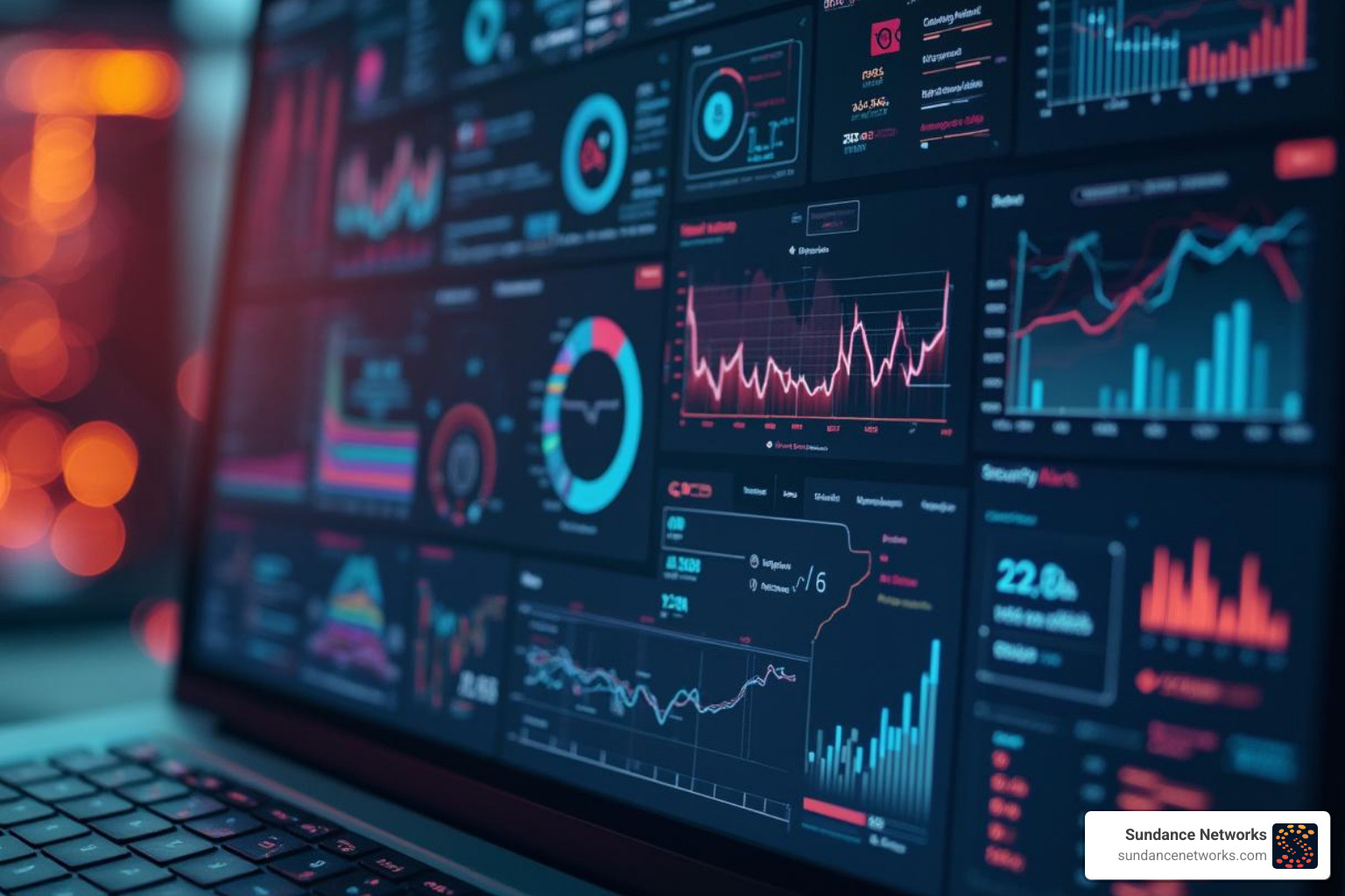 A dashboard showing network health, security alerts, and system status. - fully managed it services