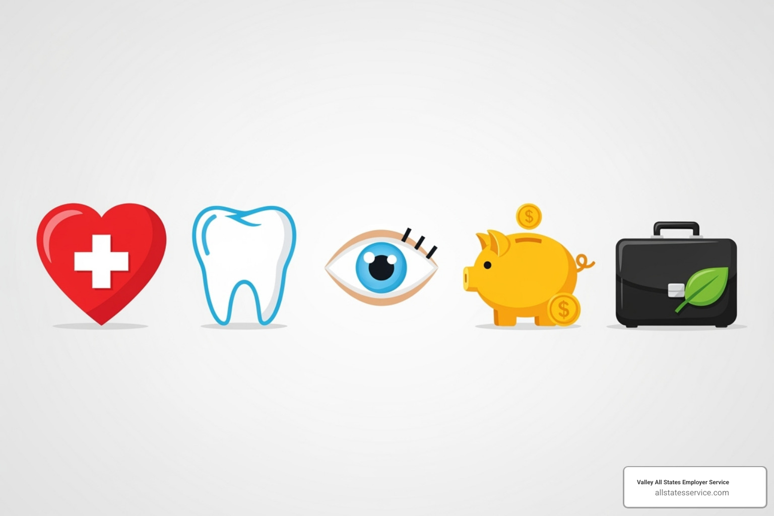 A vibrant collection of icons representing various employee benefits, including a heart for health, a tooth for dental, an eye for vision, a piggy bank for retirement, and a briefcase for work-life balance - new hire eligibility