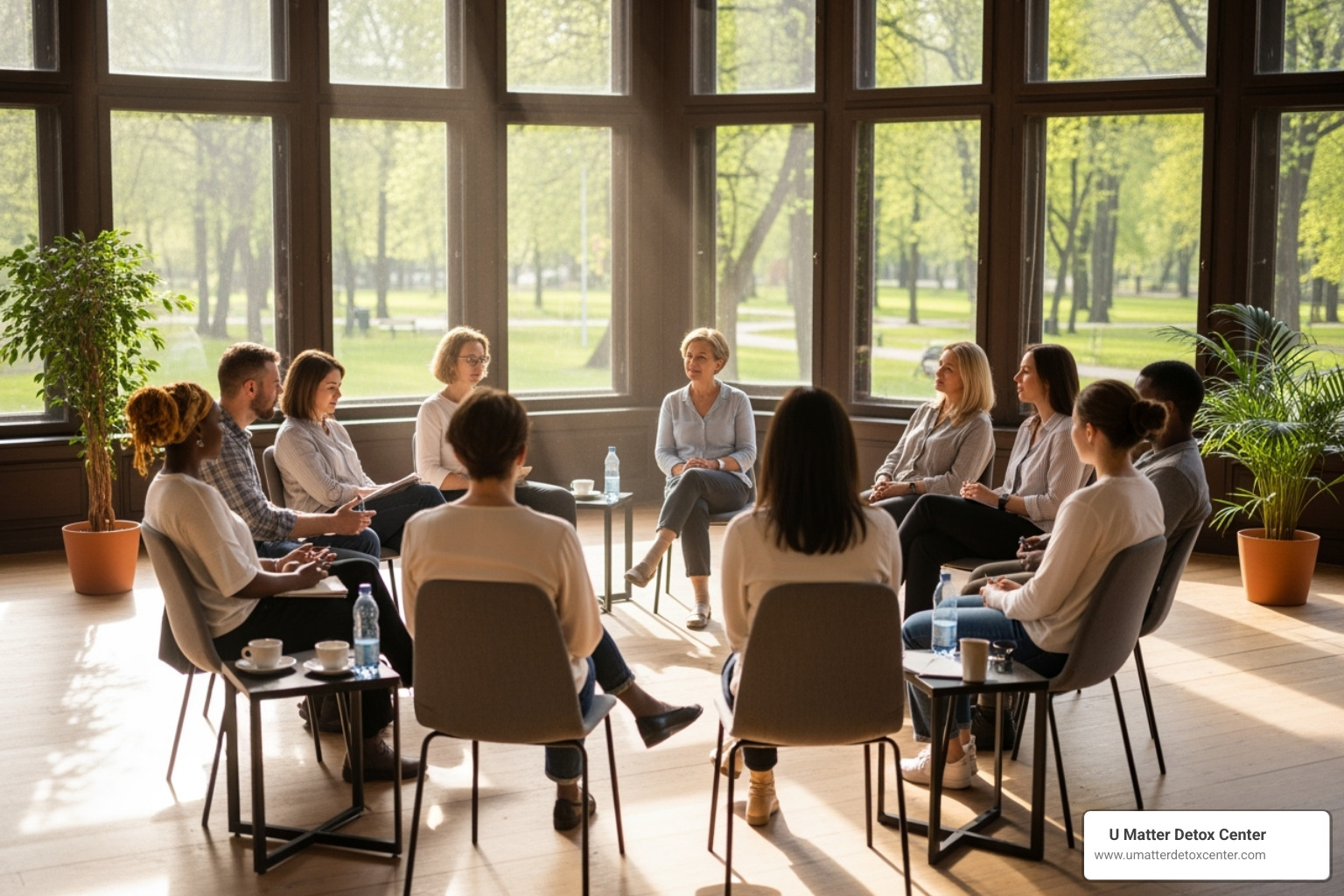 A group therapy session in a sunny, open room - so cal detox