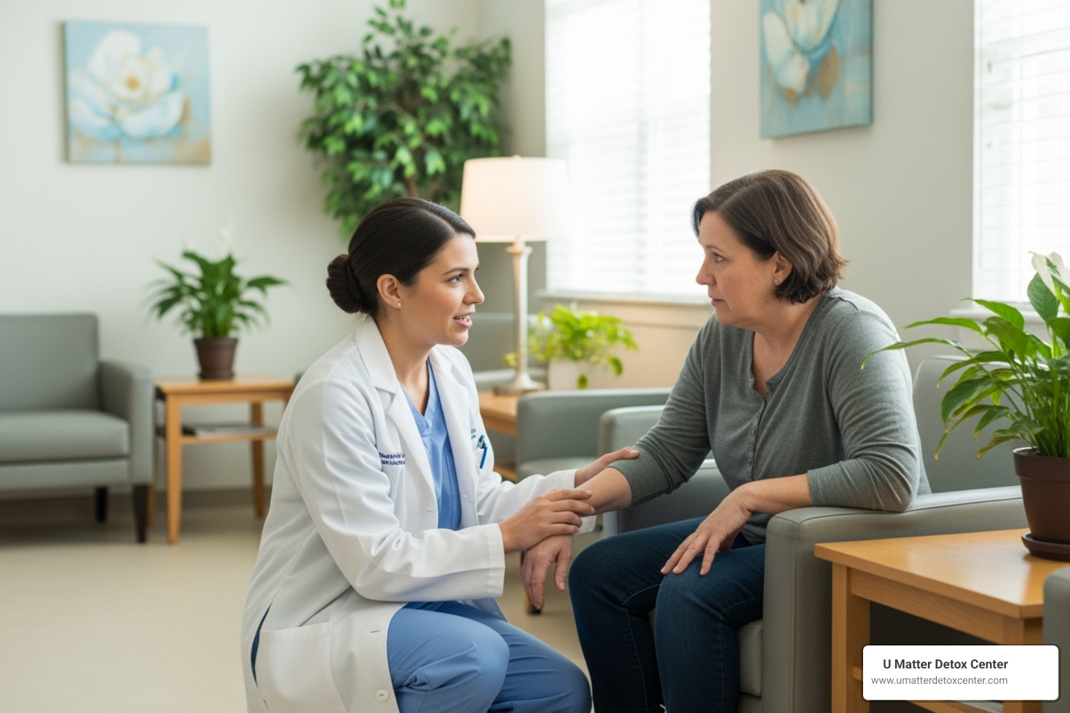 A compassionate medical staff member speaking with a client - so cal detox