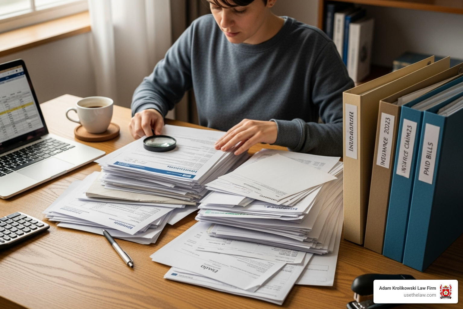 A person organizing medical bills and records on a desk - breast implant lawyer