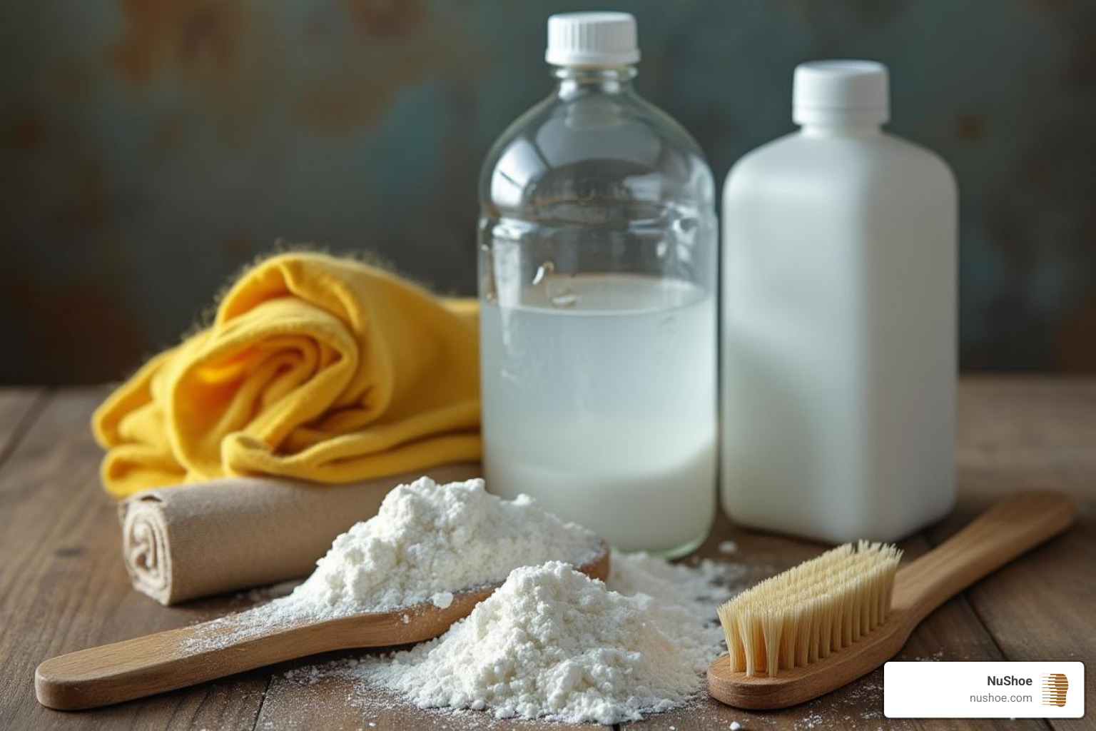 of household items like baking soda, vinegar, and a toothbrush on a table - renew shoe cleaner