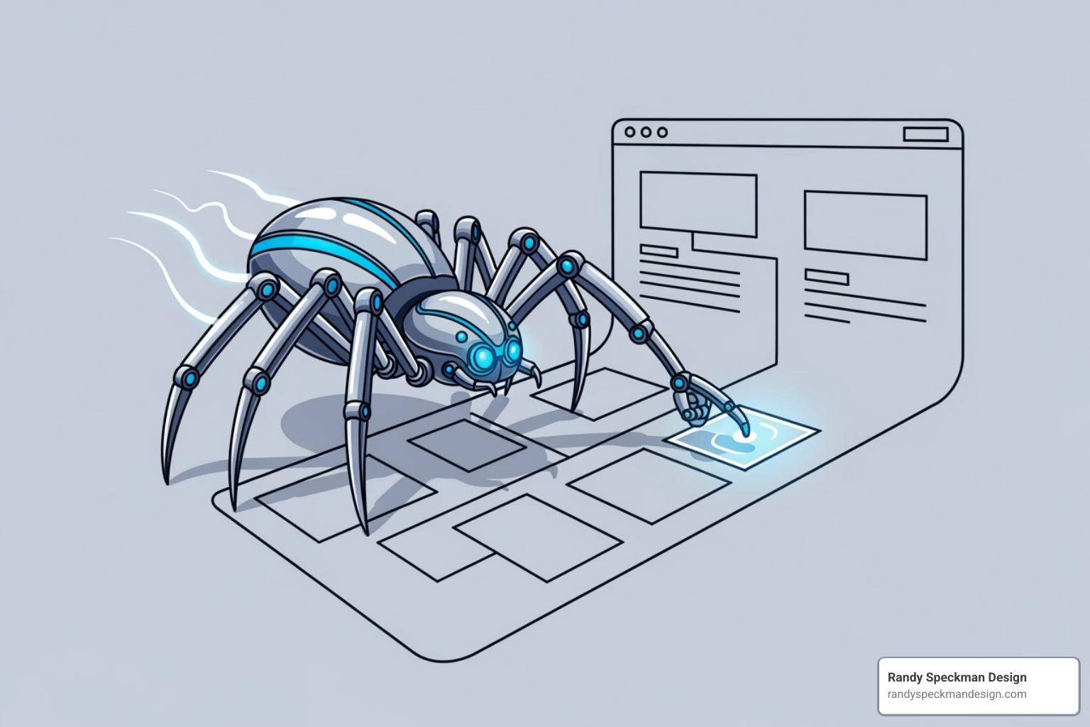 Image of a crawler bot icon moving across a webpage diagram, symbolizing the process of an SEO checker scanning a website for issues - Free SEO site checker