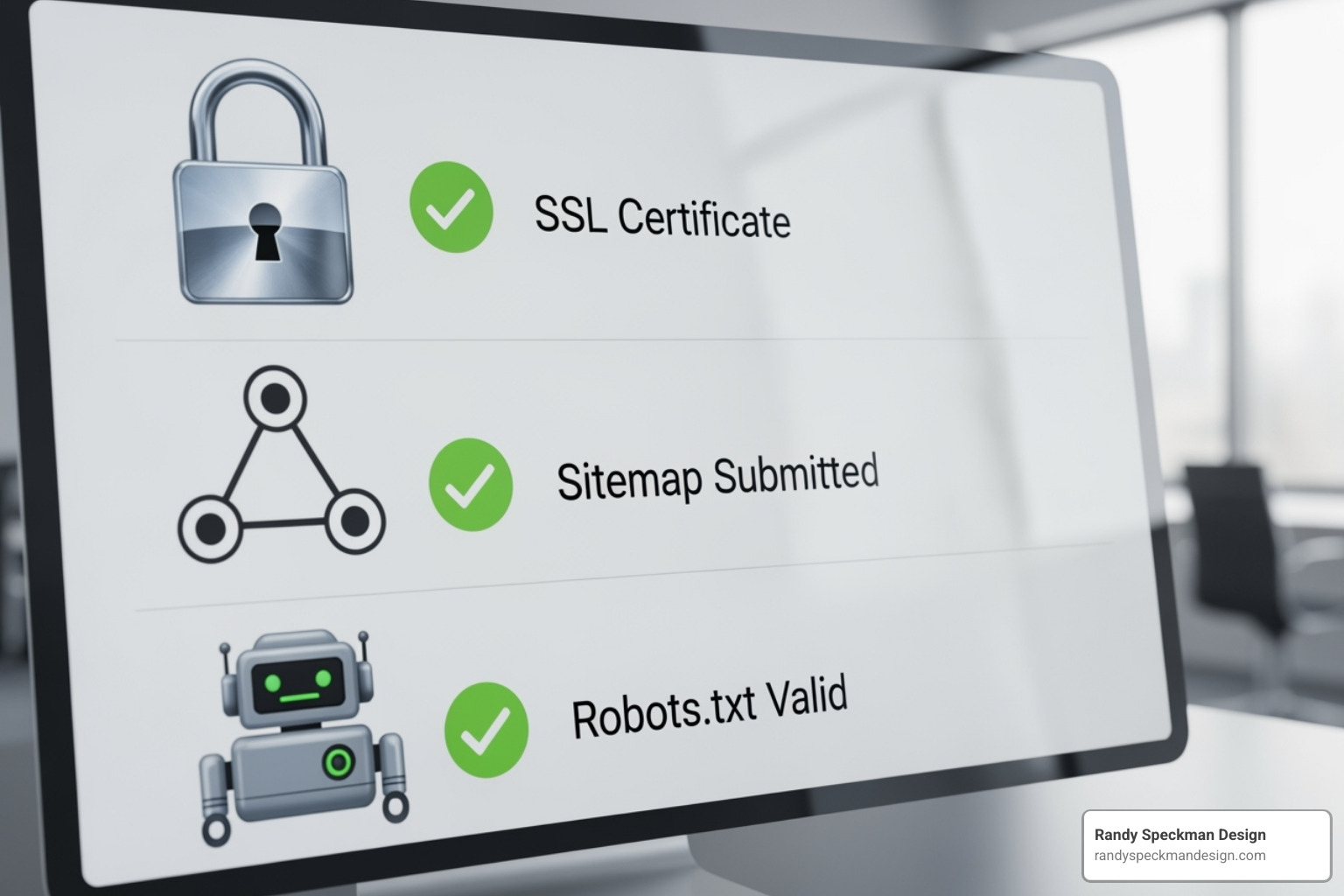 Image of a checklist showing technical SEO items like SSL, sitemap, and robots.txt, emphasizing the importance of these elements for website health - Free SEO site checker