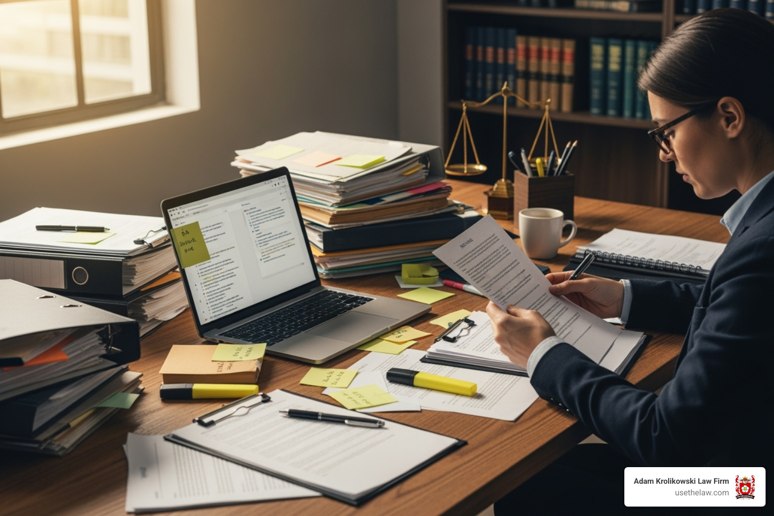 A person organizing documents, emails, and notes for a legal case - wrongful termination lawyer los angeles