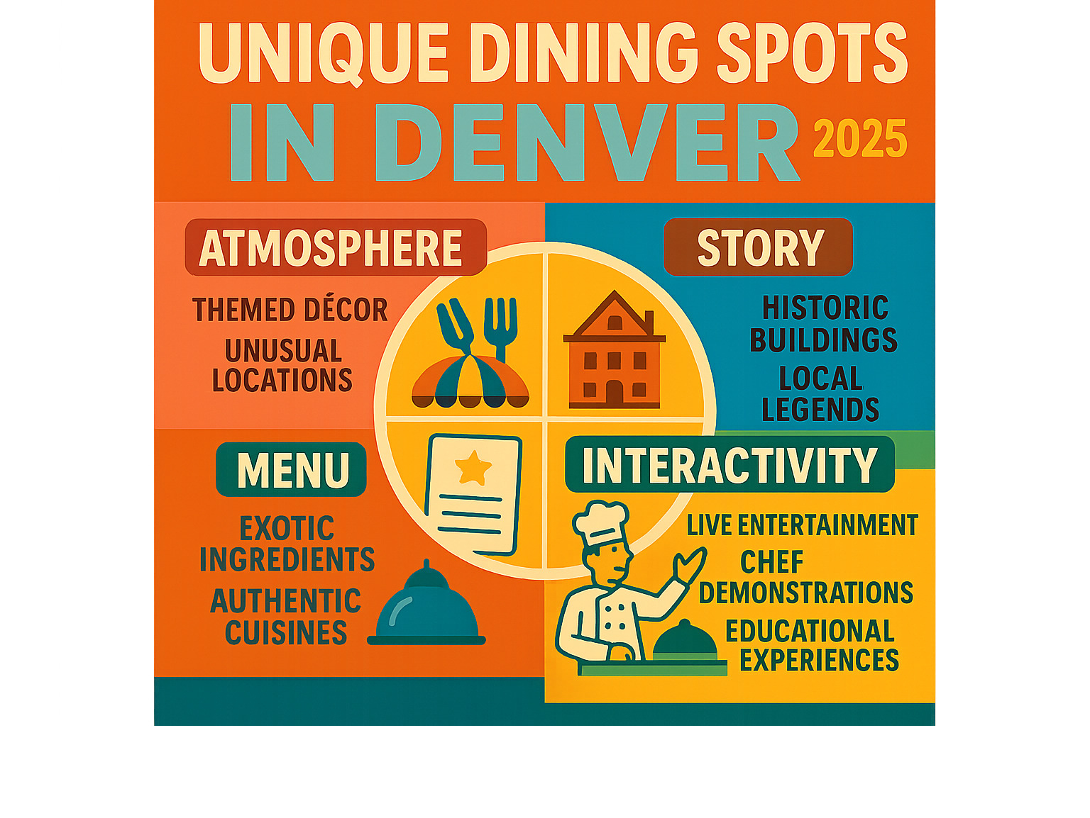 Infographic showing the four key elements that make Denver restaurants unique: Atmosphere (themed decor, unusual locations), Story (historic buildings, local legends), Menu (exotic ingredients, authentic cuisines), and Interactivity (live entertainment, chef demonstrations, educational experiences) - unique dining spots in denver infographic 
