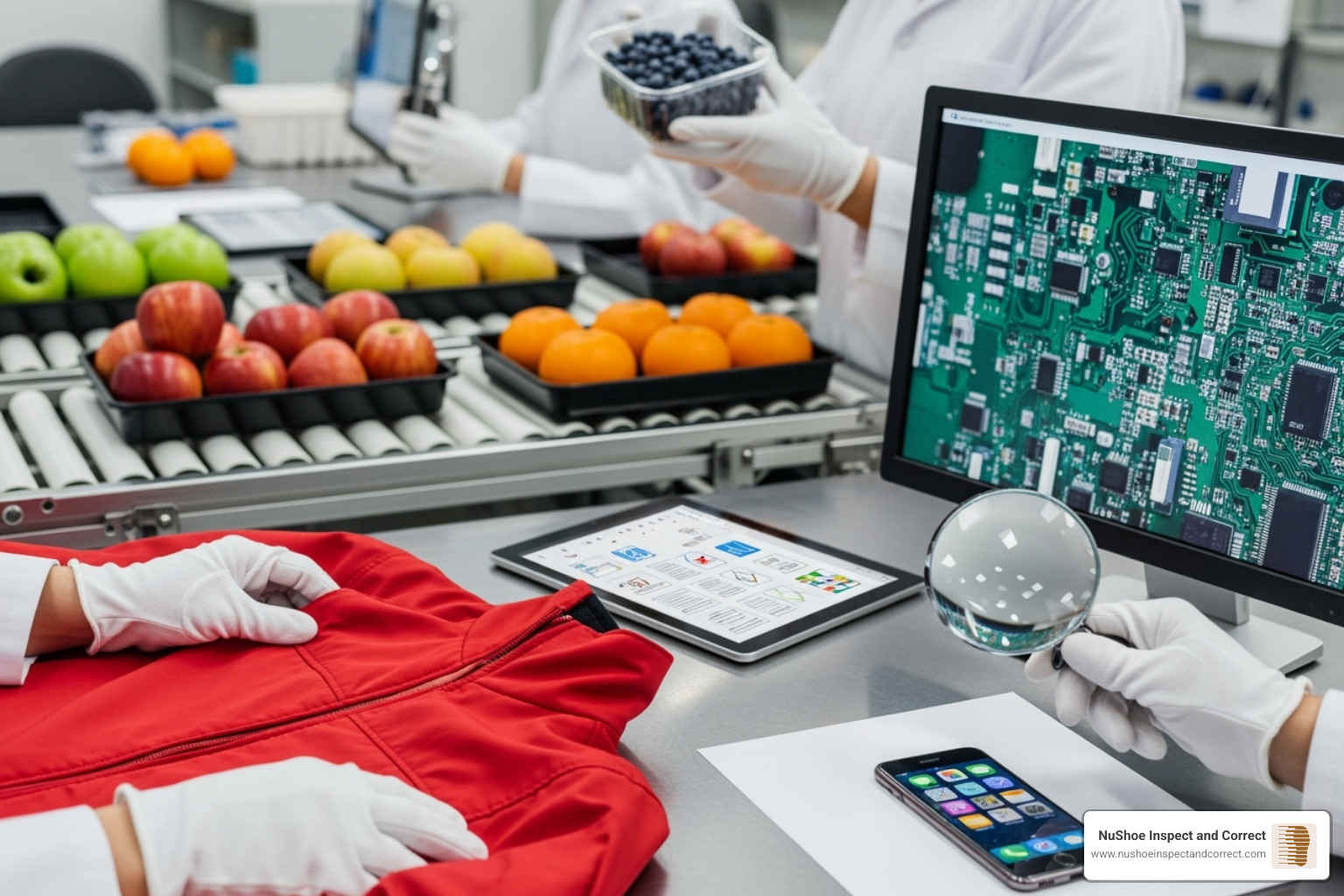Various products being inspected: apparel, electronics, and food items - Product quality assurance