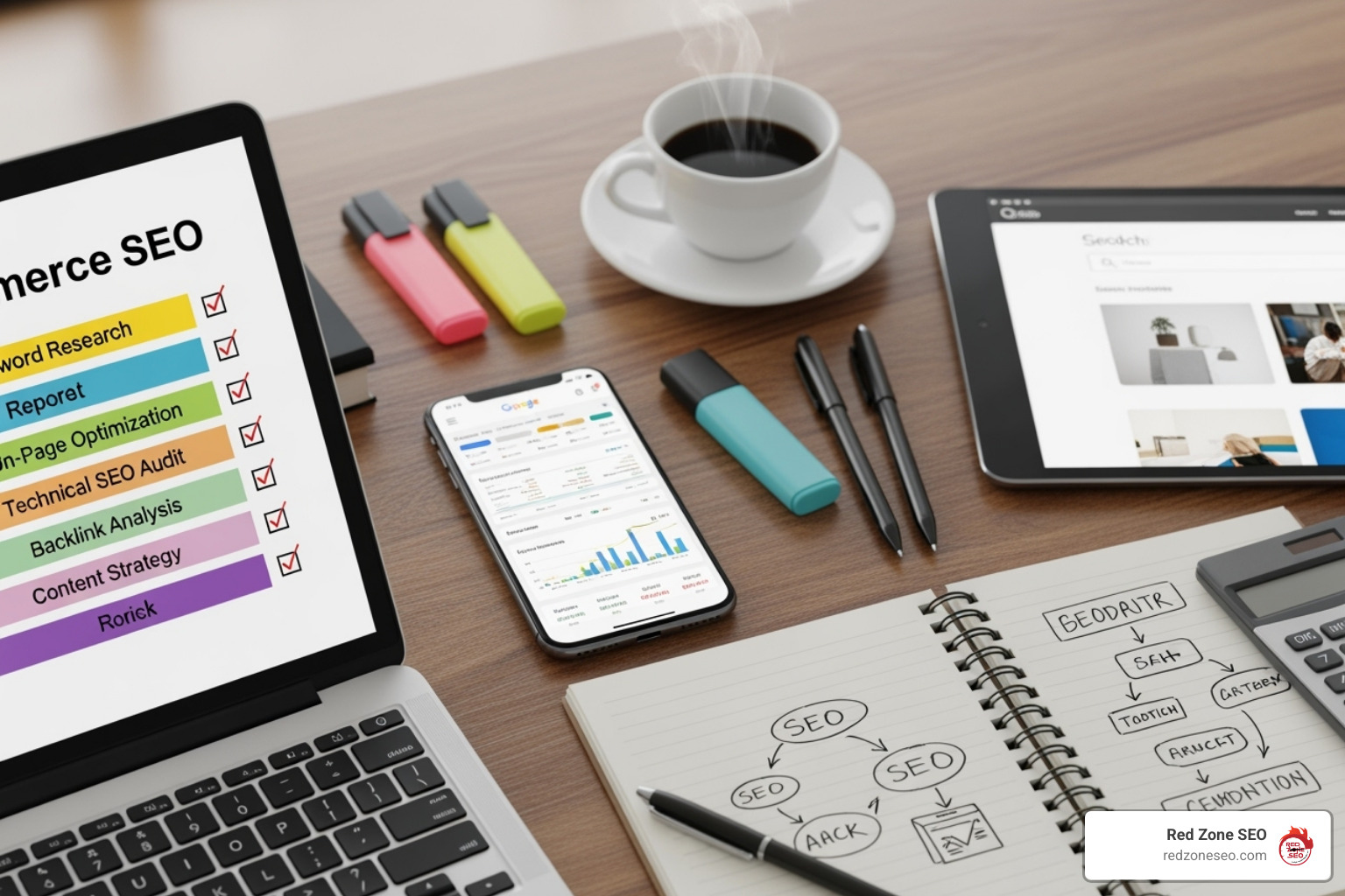 A checklist on a clipboard next to a laptop showing an ecommerce site - ecommerce seo audit checklist