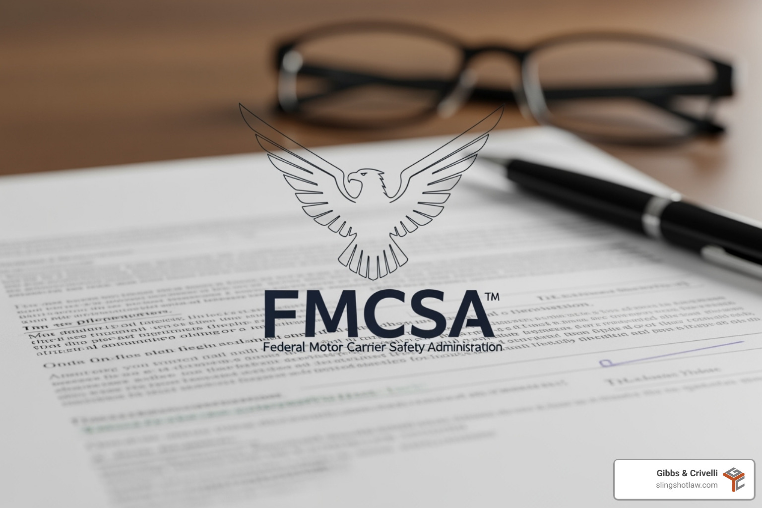 FMCSA logo over a legal document - 18 wheeler accident attorney FMCSA logo over a legal document - 18 wheeler accident attorney
