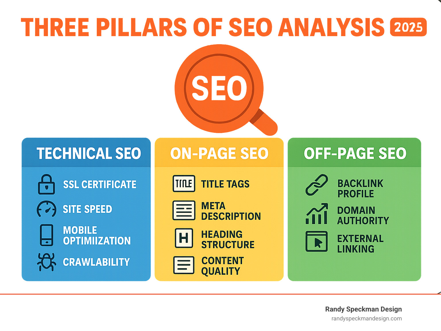 Comprehensive infographic showing the three main pillars of SEO analysis: Technical SEO (including SSL certificates, site speed, mobile optimization, and crawlability), On-Page SEO (featuring title tags, meta descriptions, heading structure, and content quality), and Off-Page SEO (displaying backlink profiles, domain authority, and external linking strategies) - Free SEO site checker infographic 