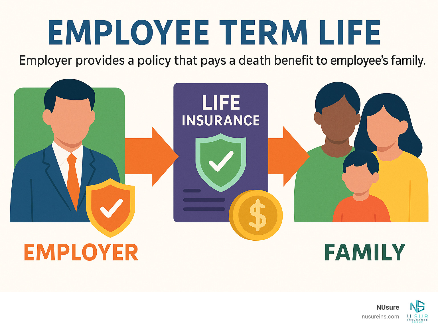 basic concept of employee term life insurance: employer provides a policy that pays a death benefit to the employee's family - employee term life infographic 