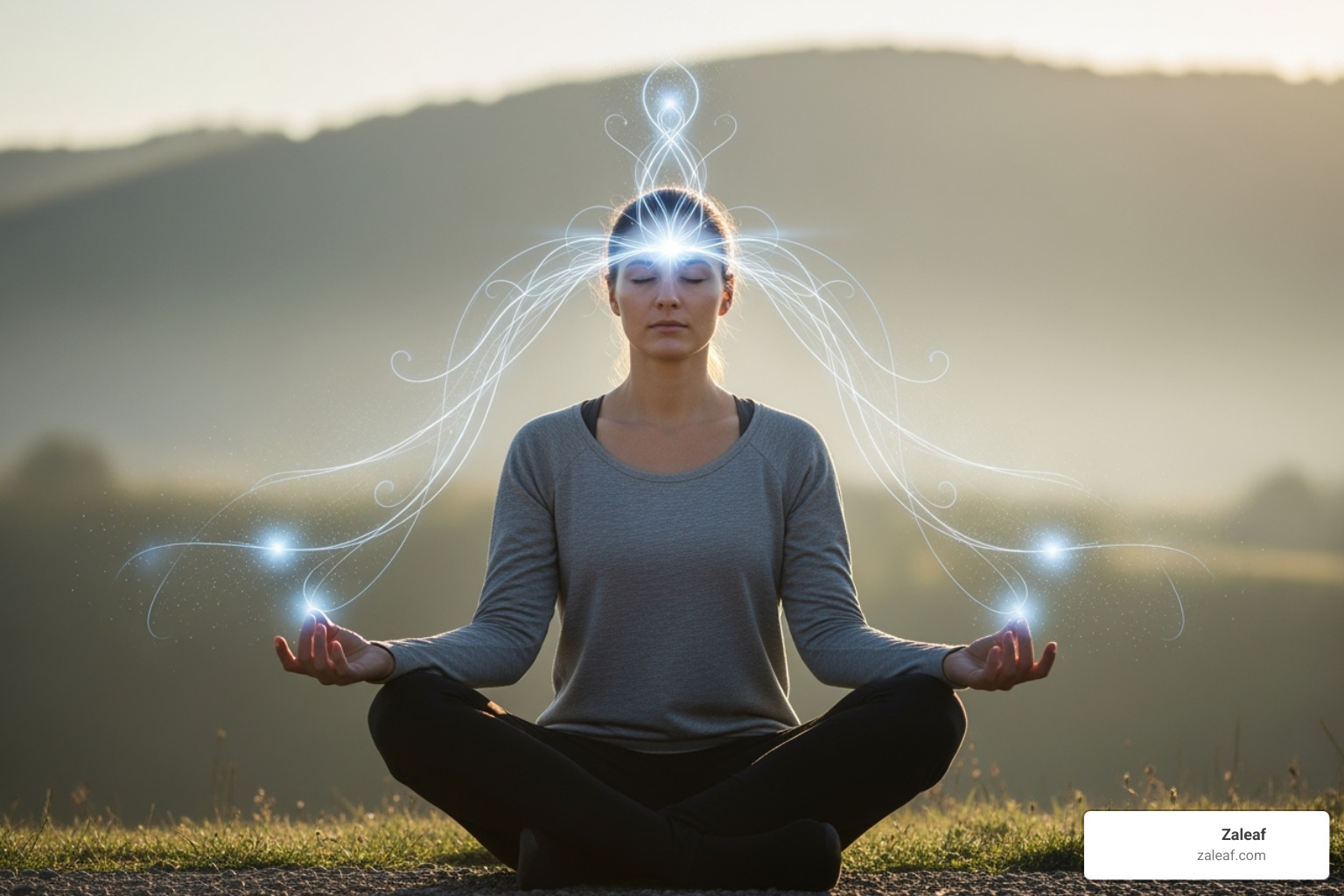 A person sitting calmly, meditating, with subtle glowing lines emanating from their head, symbolizing mental clarity and mood improvement - mushroom vape disposable