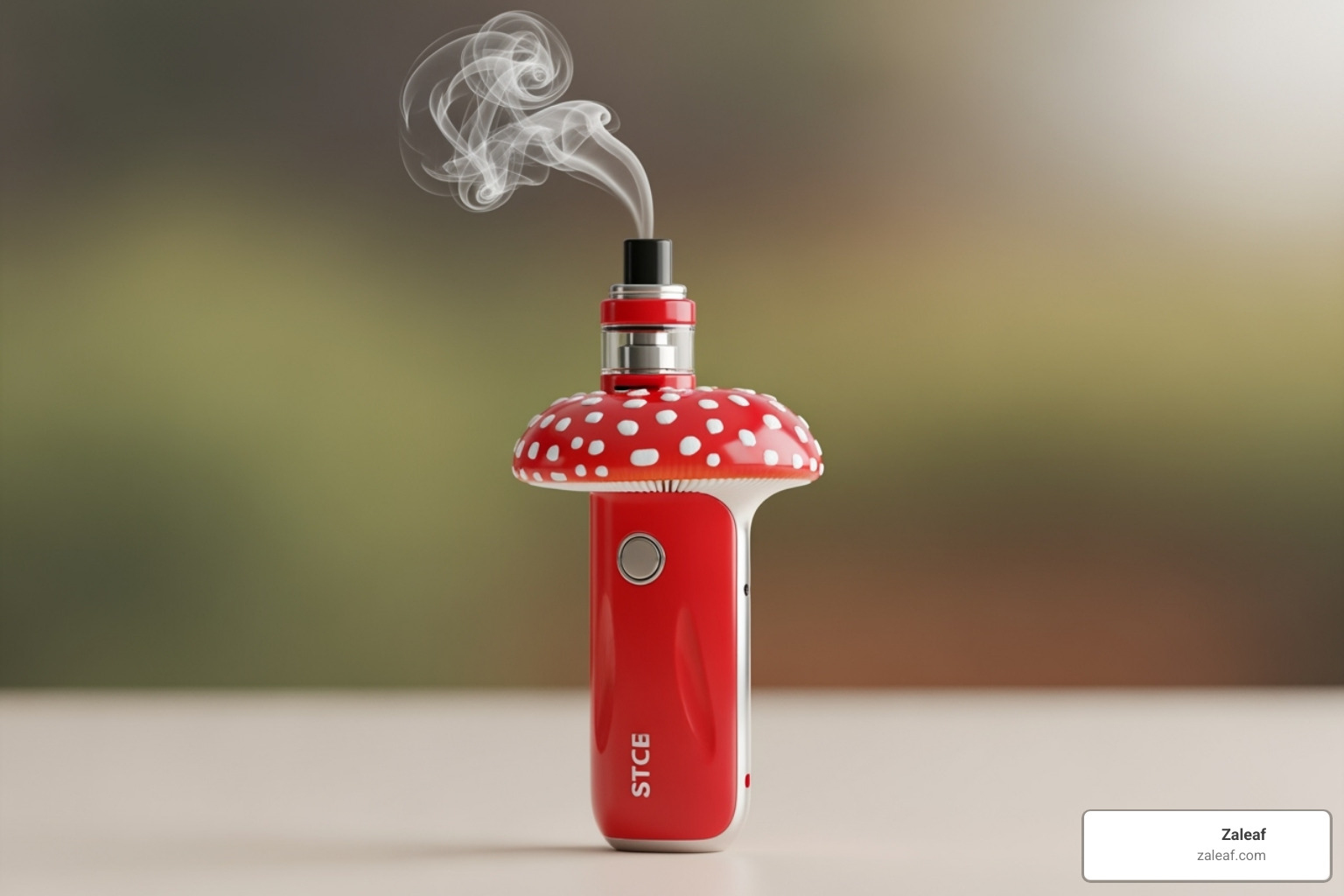 A mushroom vape pen with a red and white design, resembling the iconic Amanita Muscaria mushroom, emitting a gentle, calming vapor - mushroom vape disposable