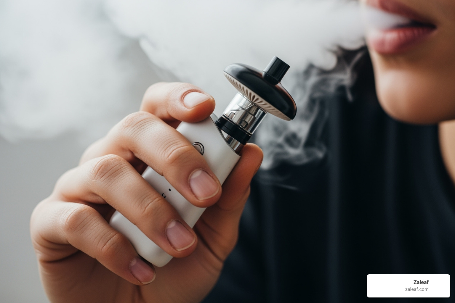 A person's hand holding a mushroom vape pen, with vapor gently exhaling from their mouth, demonstrating proper usage - mushroom vape disposable