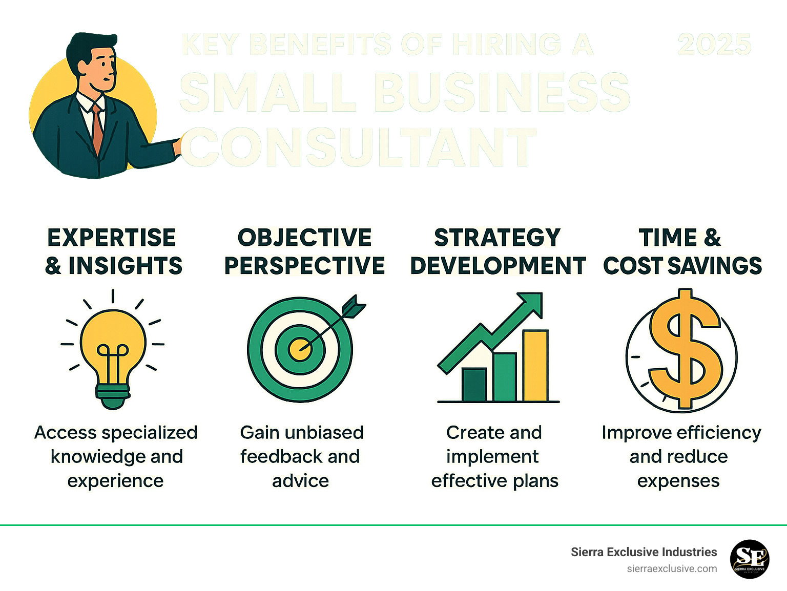 infographic explaining the key benefits of hiring a small business consultant - small business consulting firms near me infographic 