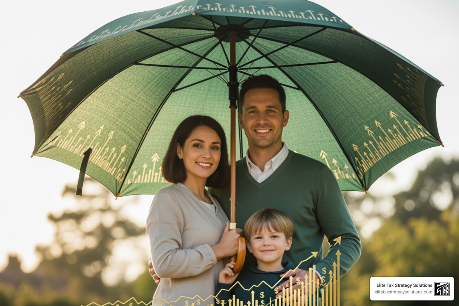 family shielded by a large, secure umbrella symbolizing financial protection - high income financial planning family shielded by a large, secure umbrella symbolizing financial protection - high income financial planning