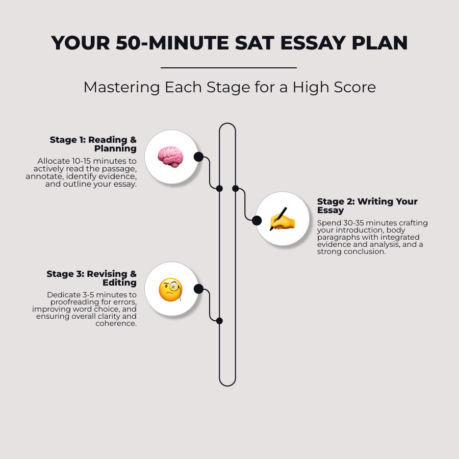 A clear timeline graphic for the 50-minute essay section A clear timeline graphic for the 50-minute essay section