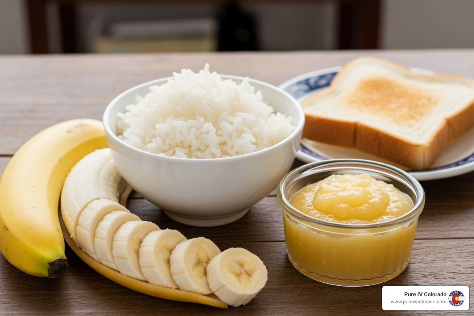 BRAT diet foods: banana, rice, applesauce, toast - Quick food poisoning relief