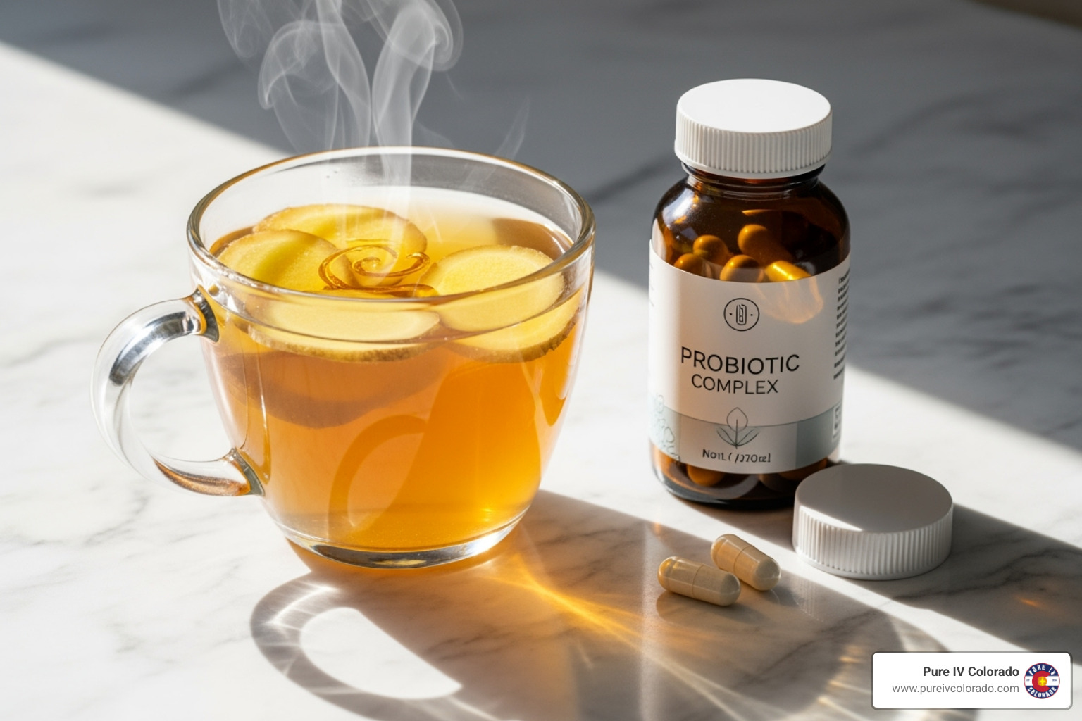 Ginger tea and probiotic capsules - Quick food poisoning relief