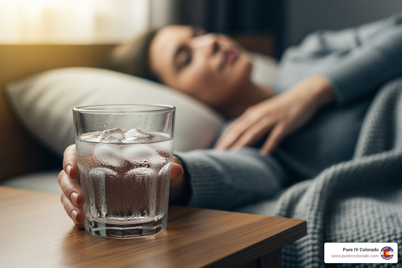 Ice chips in a glass and a person resting - Quick food poisoning relief