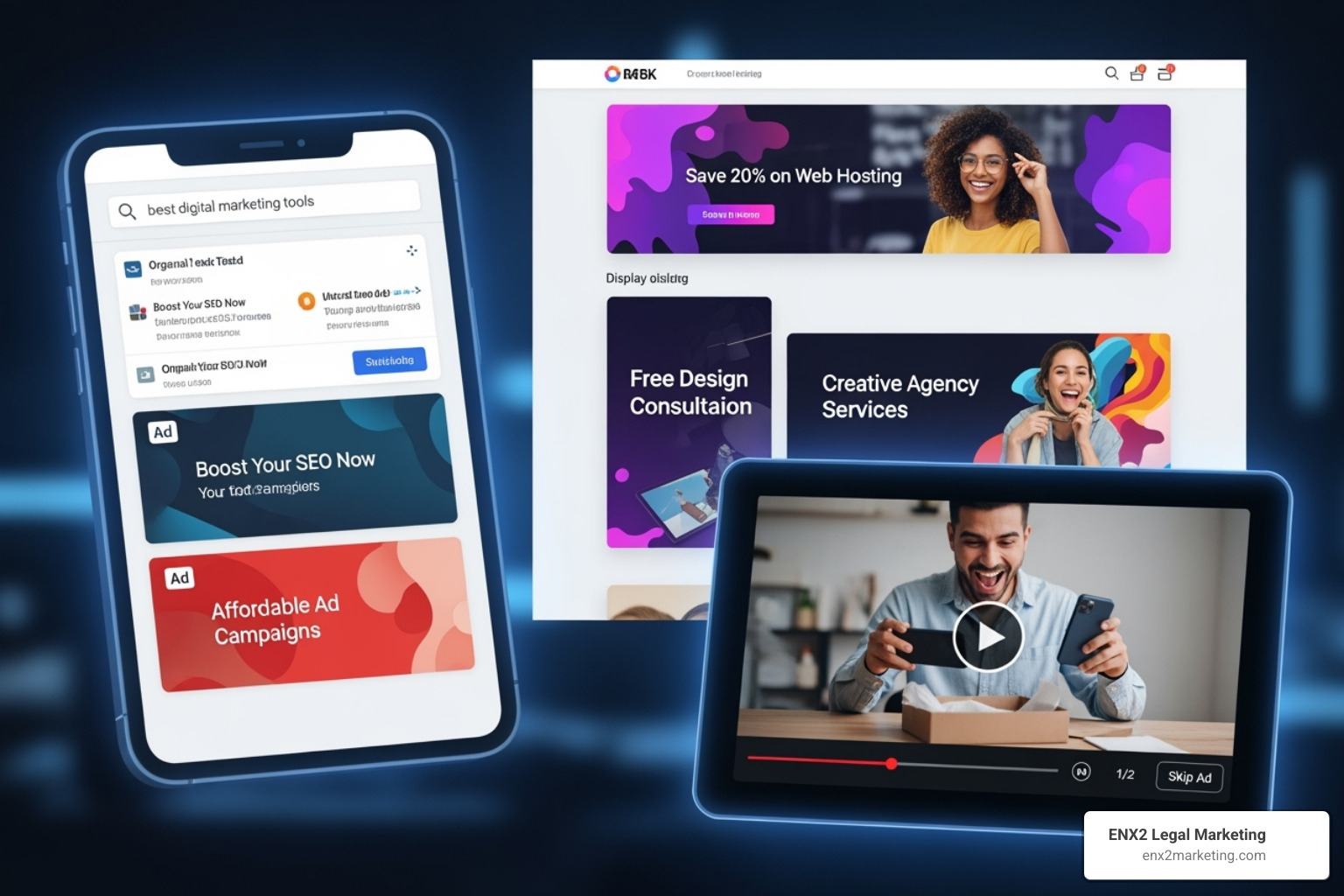 Collage showing examples of search ads, display ads, and video ads - pay per click advertising