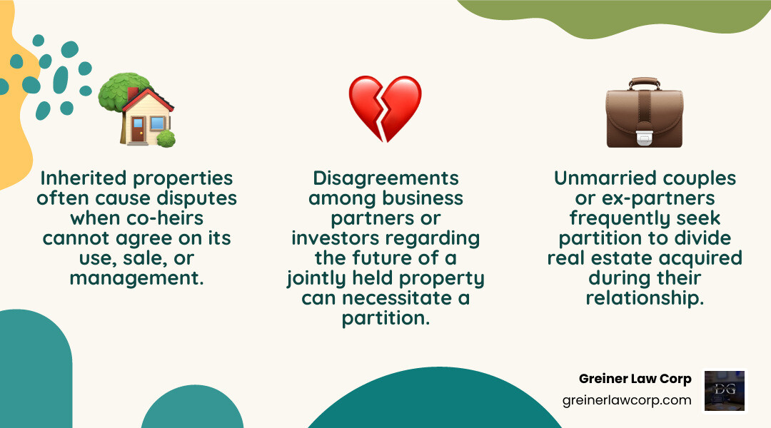 Infographic detailing common reasons for a partition action: inheritance disputes, divorce, and failed investment partnerships - real estate partition attorney los angeles infographic 3_facts_emoji_nature