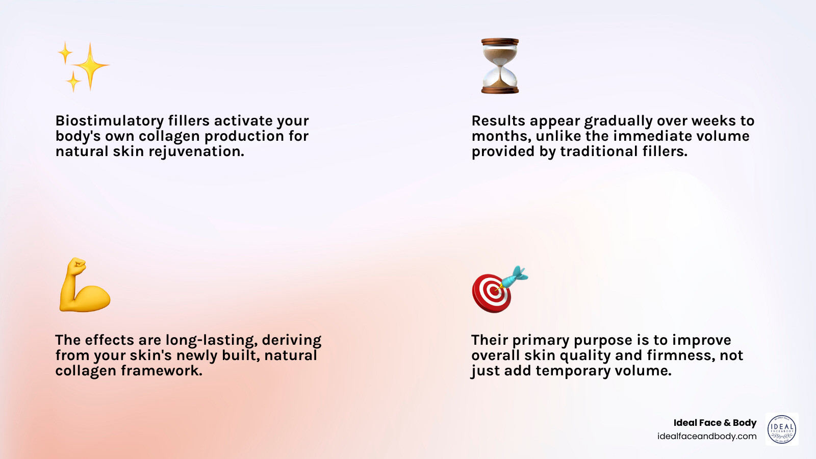 Infographic comparing biostimulatory fillers and traditional hyaluronic acid fillers, detailing their mechanism of action, onset of results, longevity, reversibility, and primary purpose. - biostimulatory filler infographic 4_facts_emoji_light-gradient