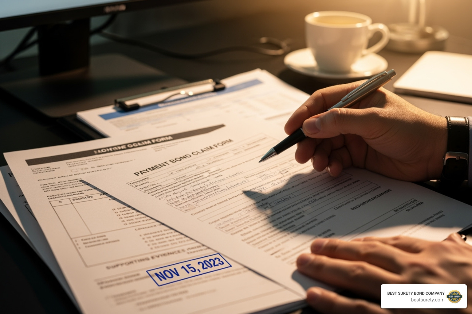 magnifying glass over a document representing the surety's investigation - how do you file a payment bond claim magnifying glass over a document representing the surety's investigation - how do you file a payment bond claim