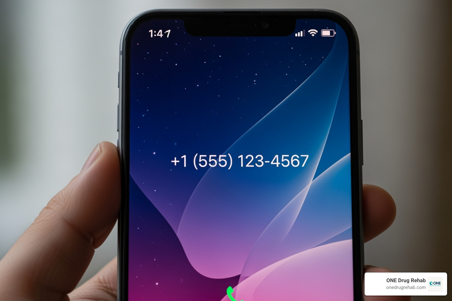 a phone with a helpline number on the screen - inpatient rehab for men