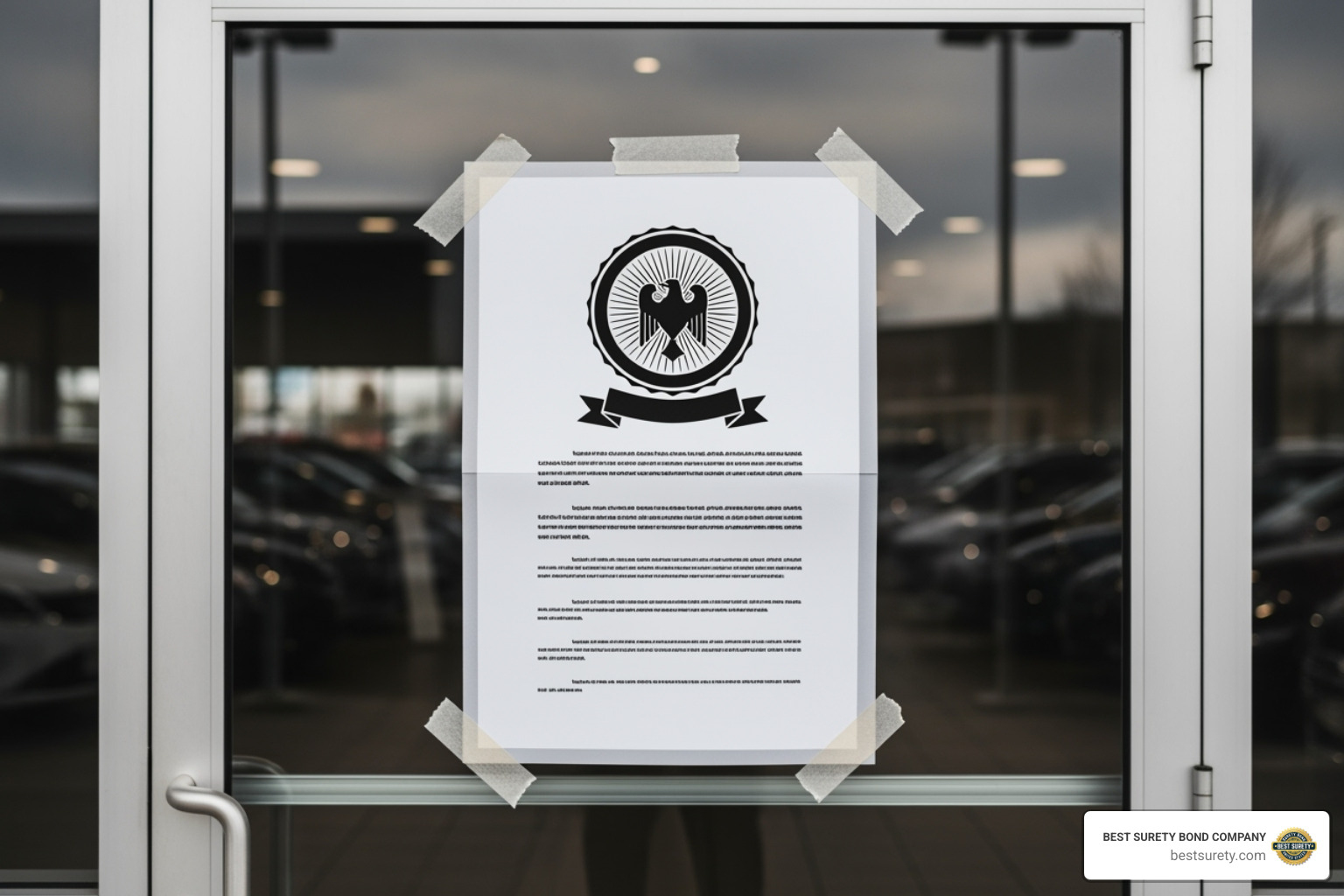 An image of a "Business License Suspended" notice prominently displayed on a dealership door - auto dealer bond renewal