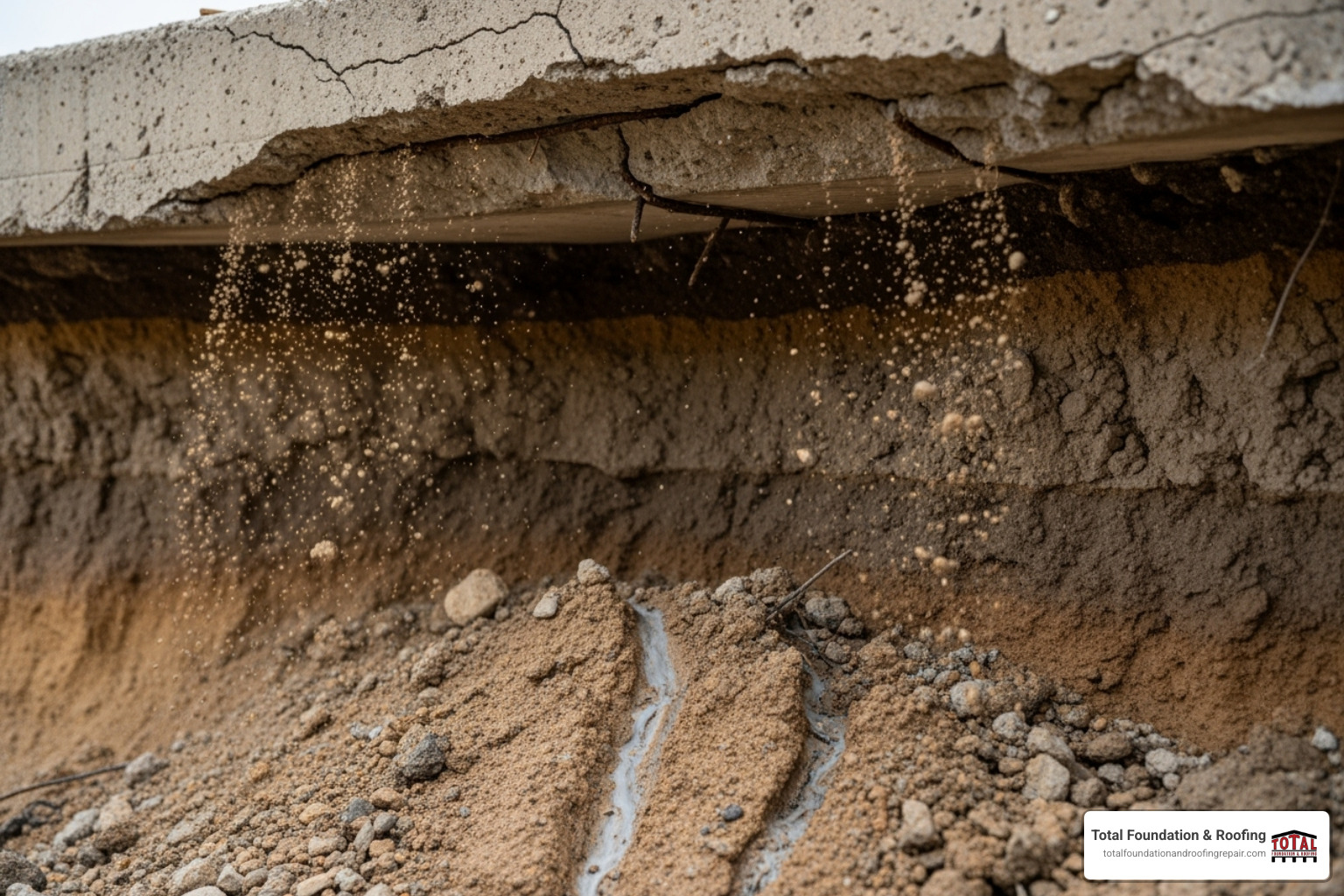 soil eroding from underneath a concrete slab - concrete leveling services