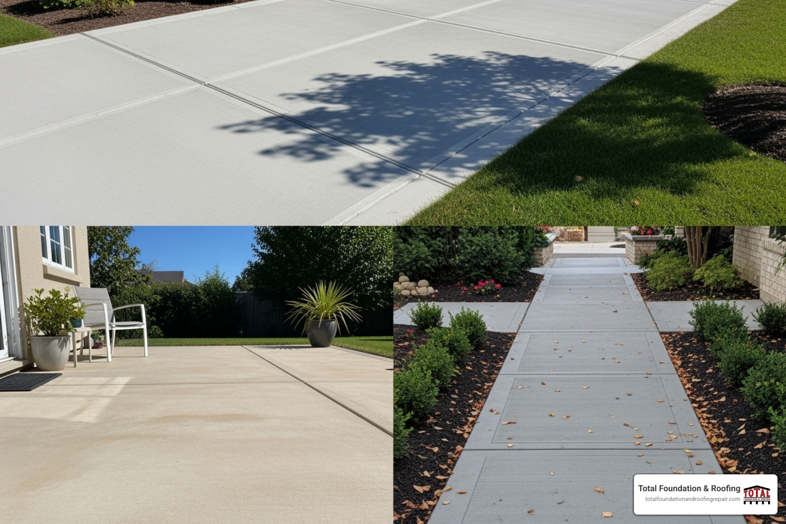 collage showing various repaired concrete surfaces like a driveway, patio, and walkway - concrete leveling services