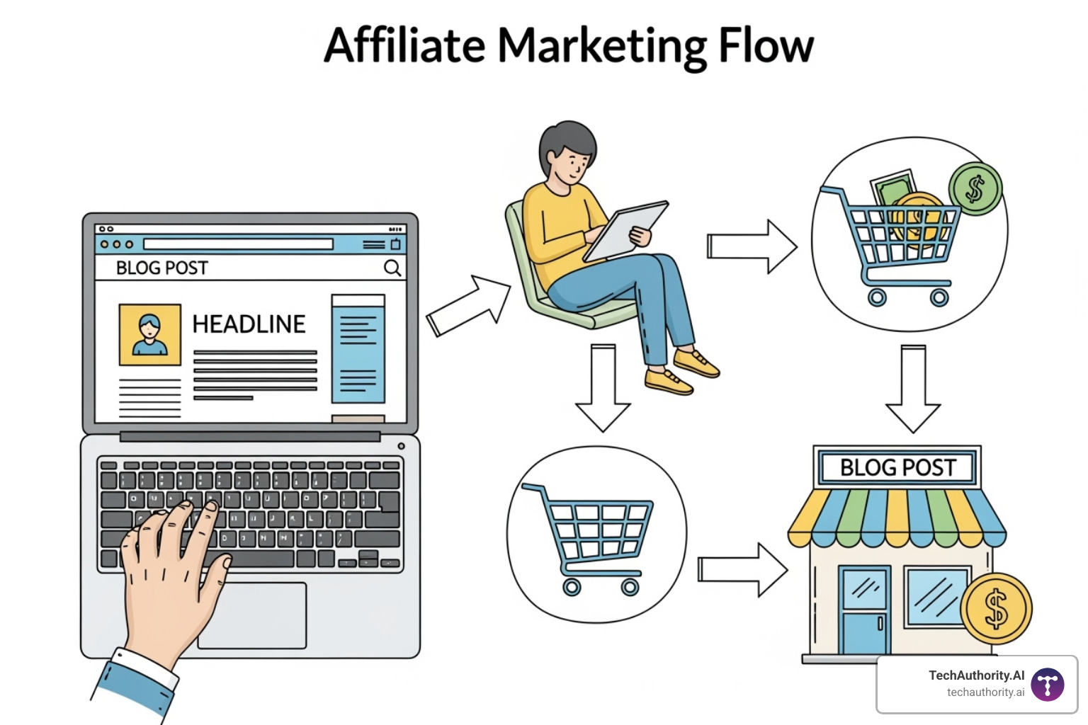 illustrating the flow from an affiliate's blog post to a merchant's sale - affiliate marketing earn money illustrating the flow from an affiliate's blog post to a merchant's sale - affiliate marketing earn money