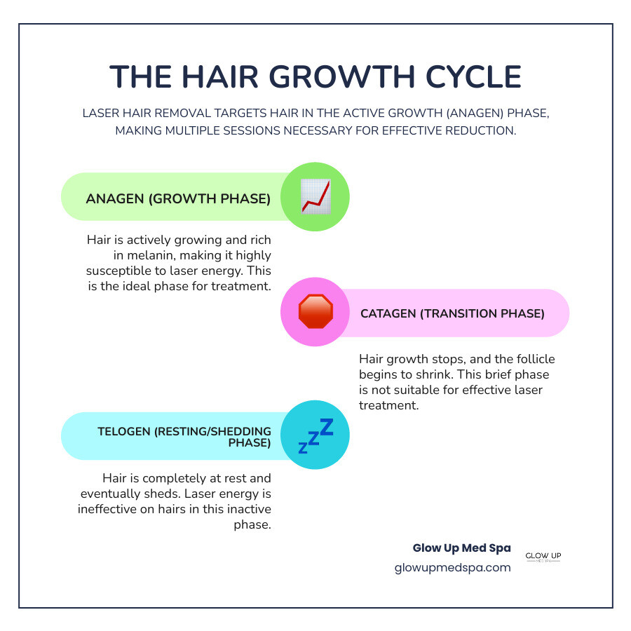 Infographic explaining the hair growth cycle (Anagen, Catagen, Telogen) and why multiple sessions are needed for optimal laser hair removal results - laser hair removal newport beach infographic infographic-line-3-steps-colors